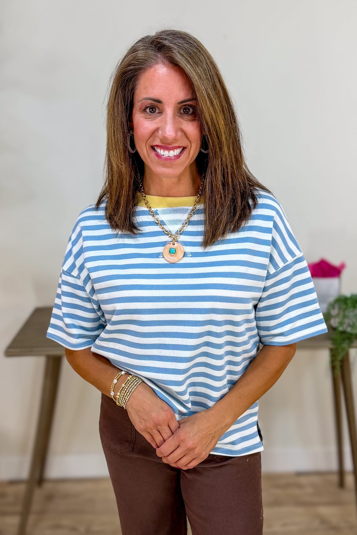 Dusty Blue Stripe Colorblock Knit Top
