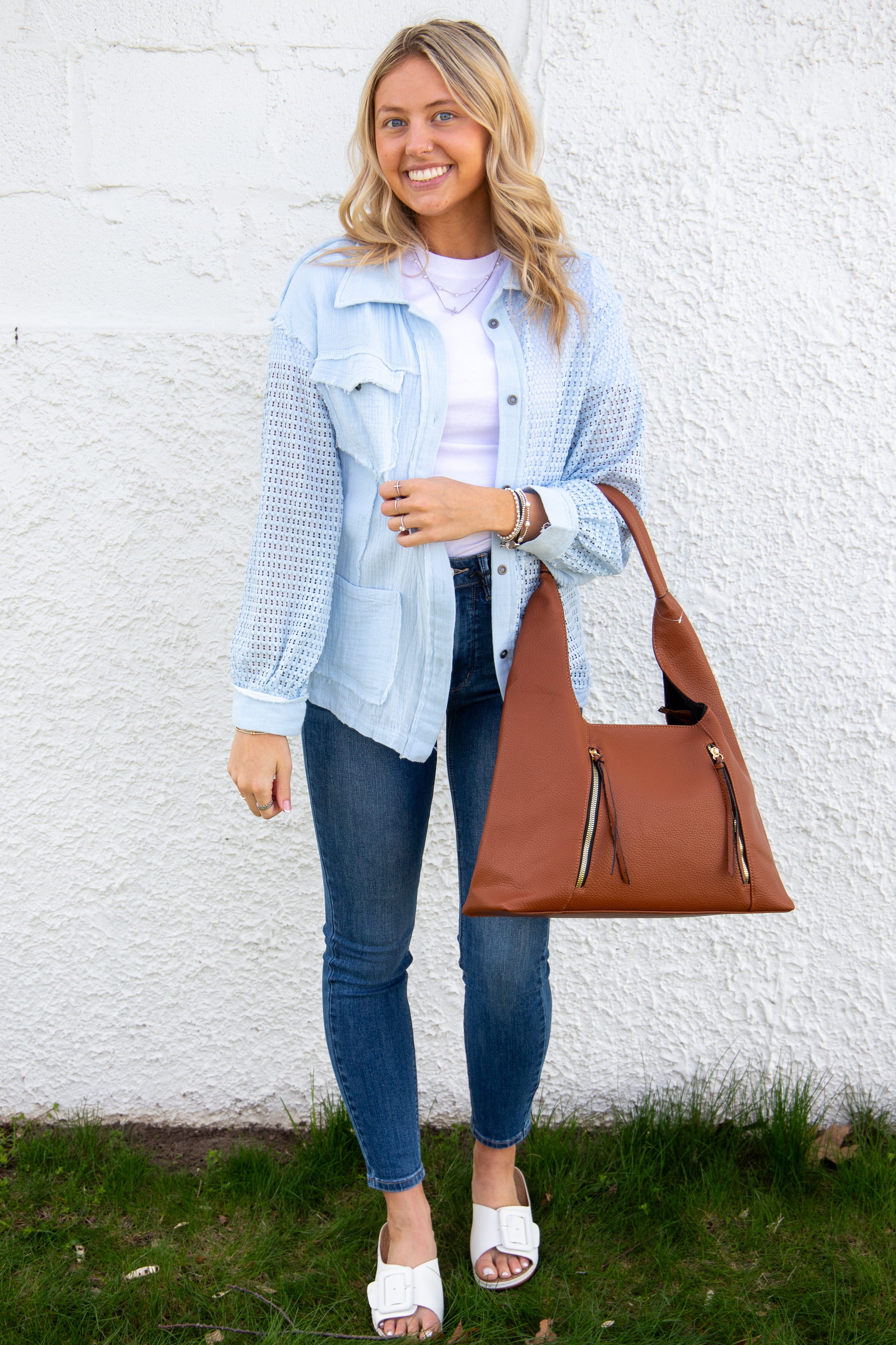 Blue Crochet Button Up styled