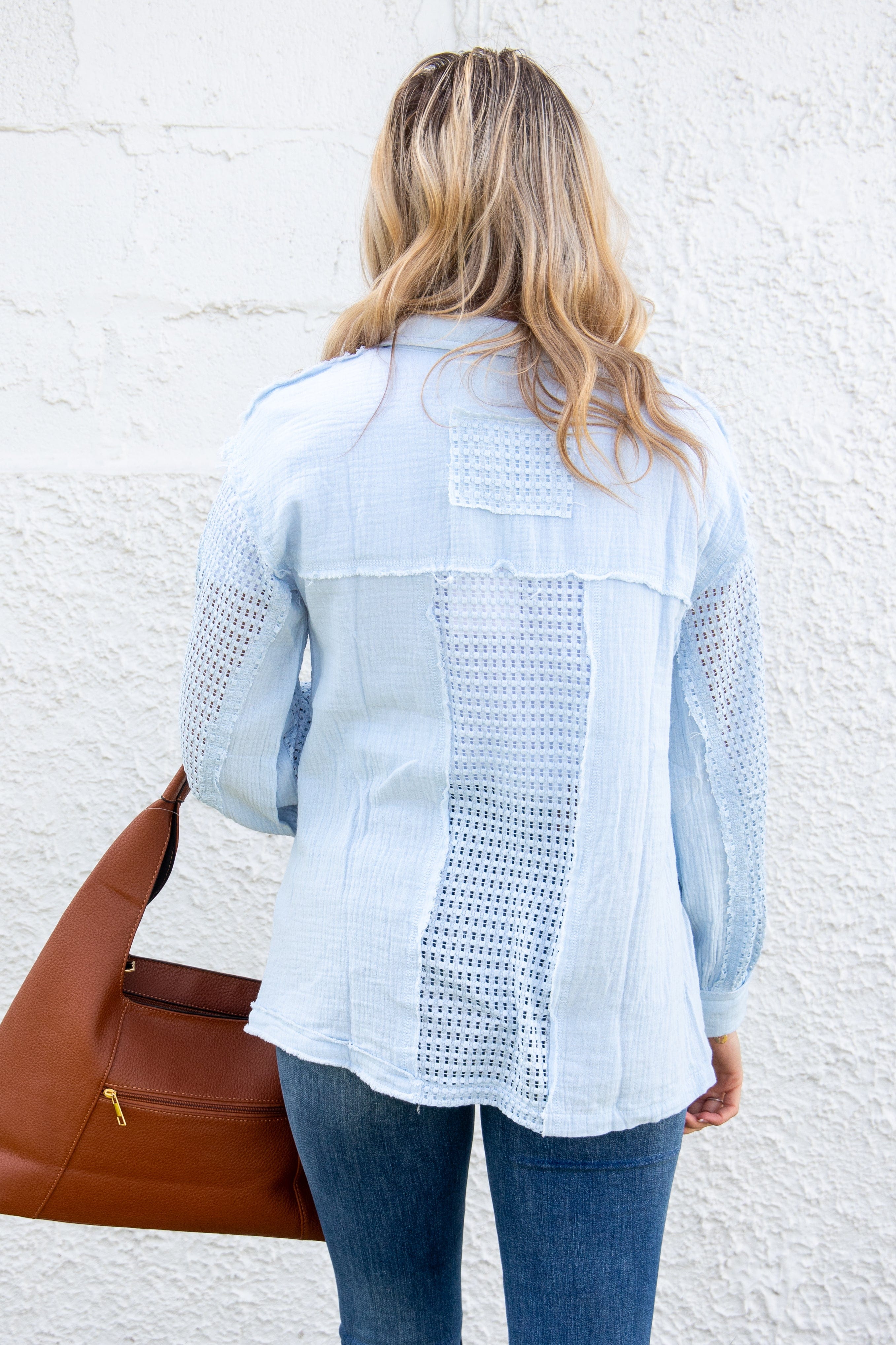 Blue Crochet Button Up back