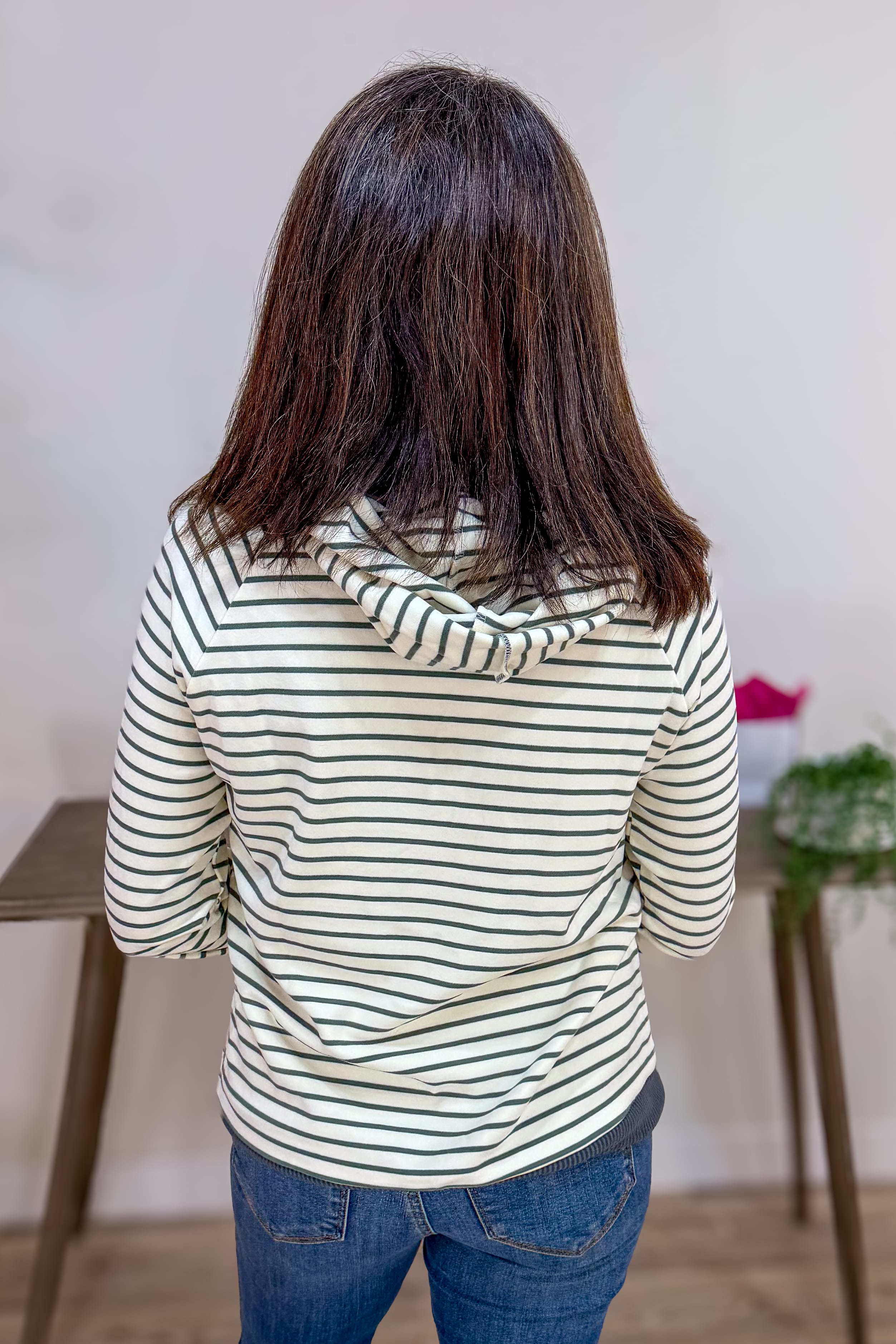 Ivory & Olive Striped Micro Brushed Hoodie Back