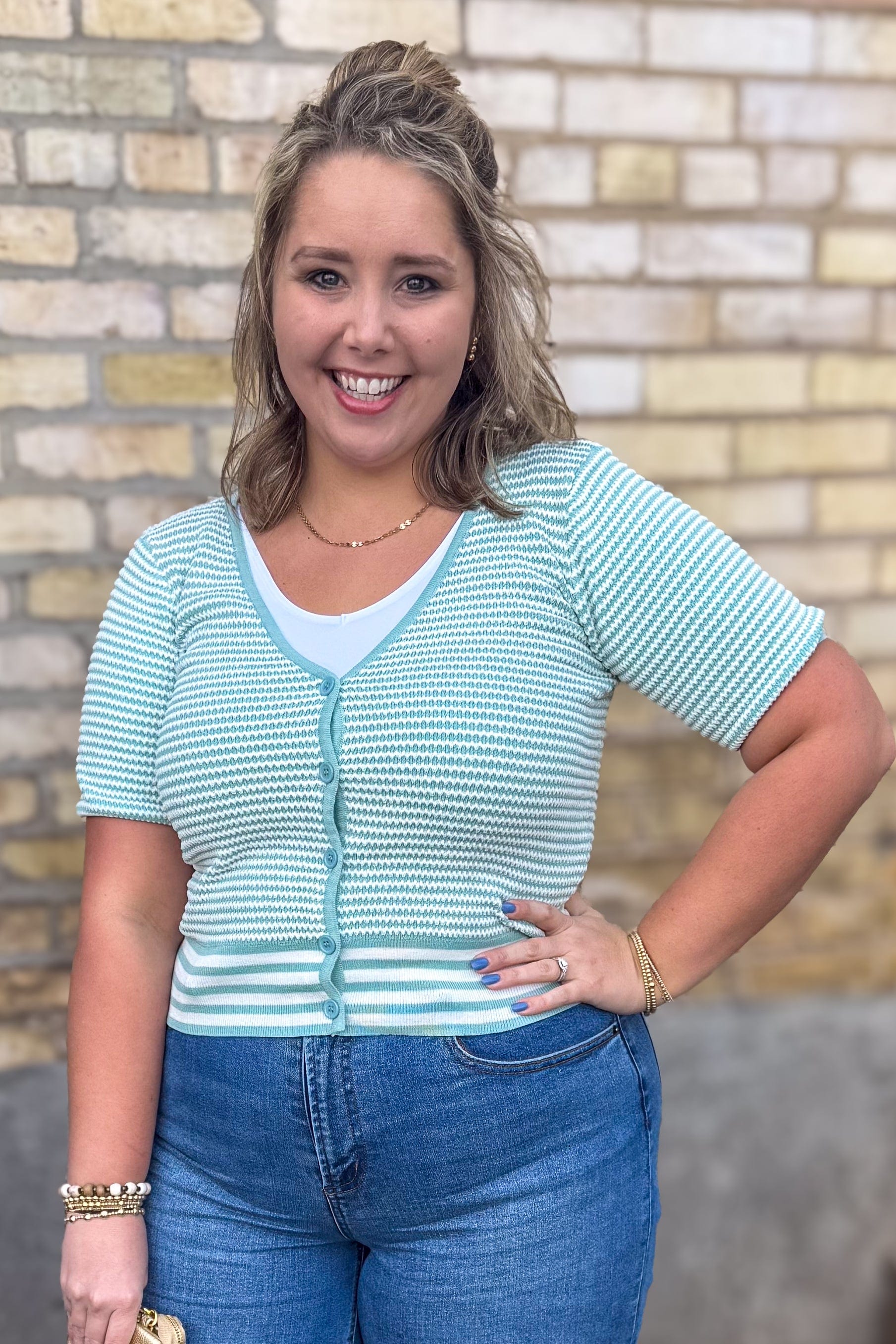 Mint & White Stripe V-Neck Cardigan
