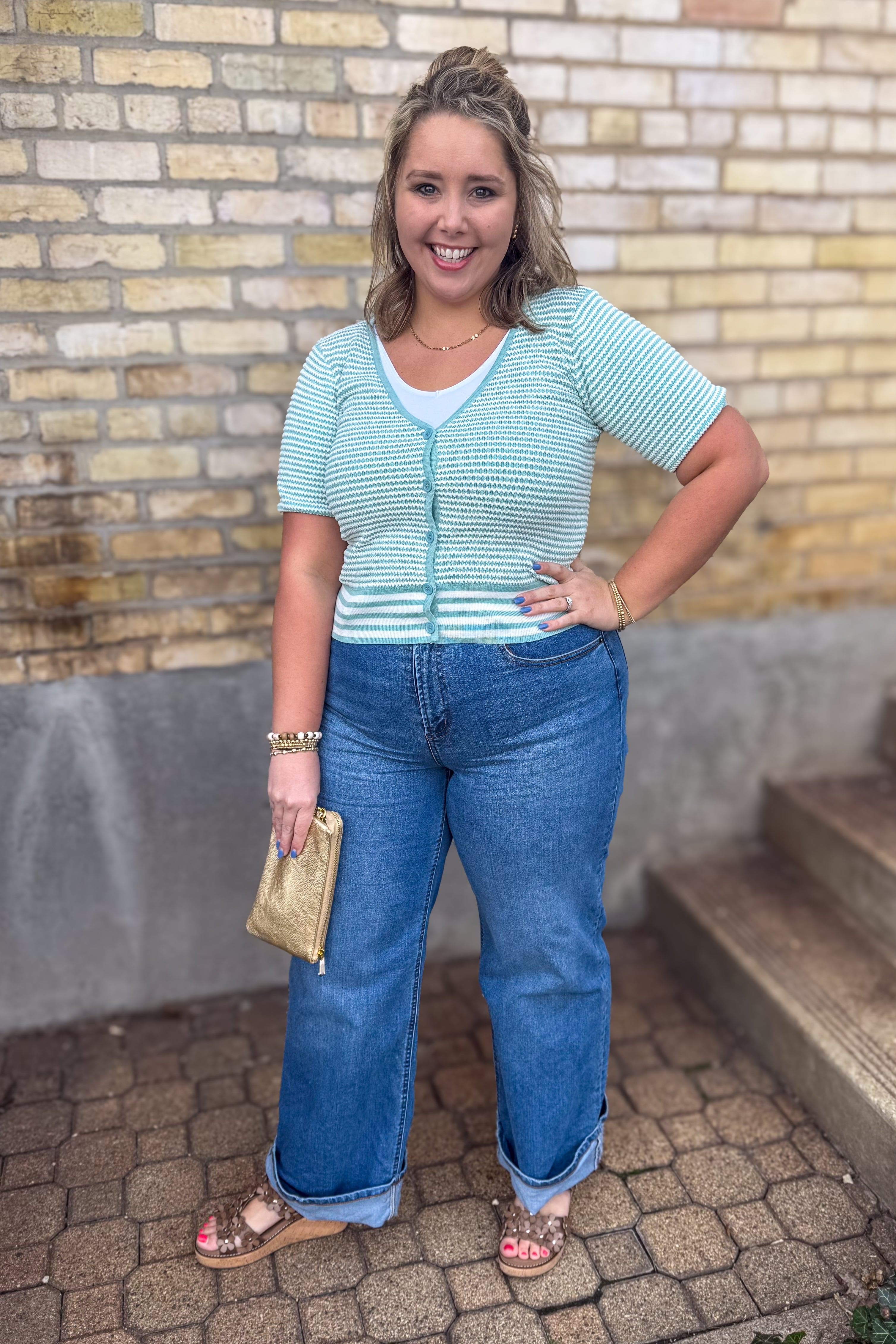 Mint & White Stripe V-Neck Cardigan styled