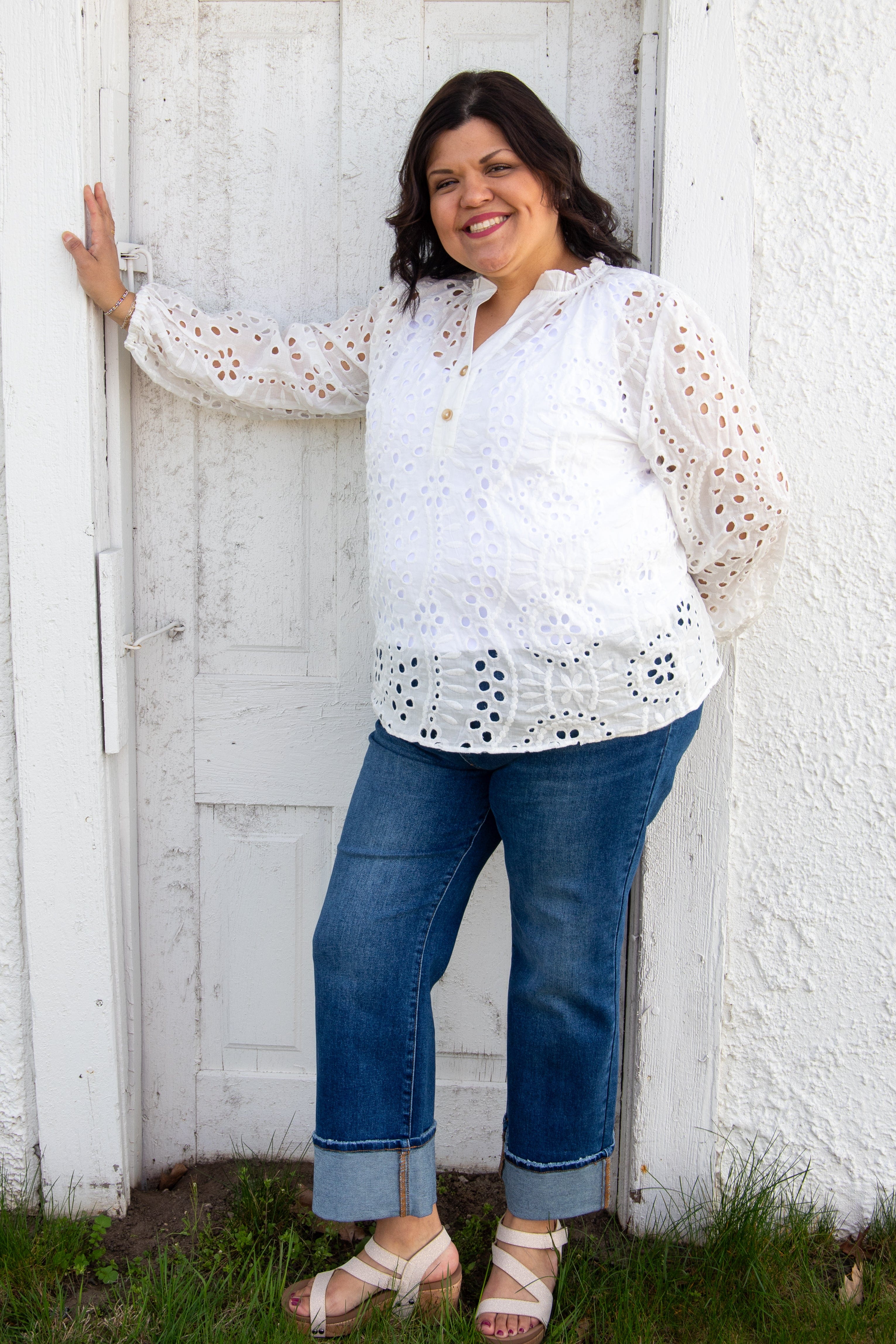 White Eyelet Embroidered Top styled