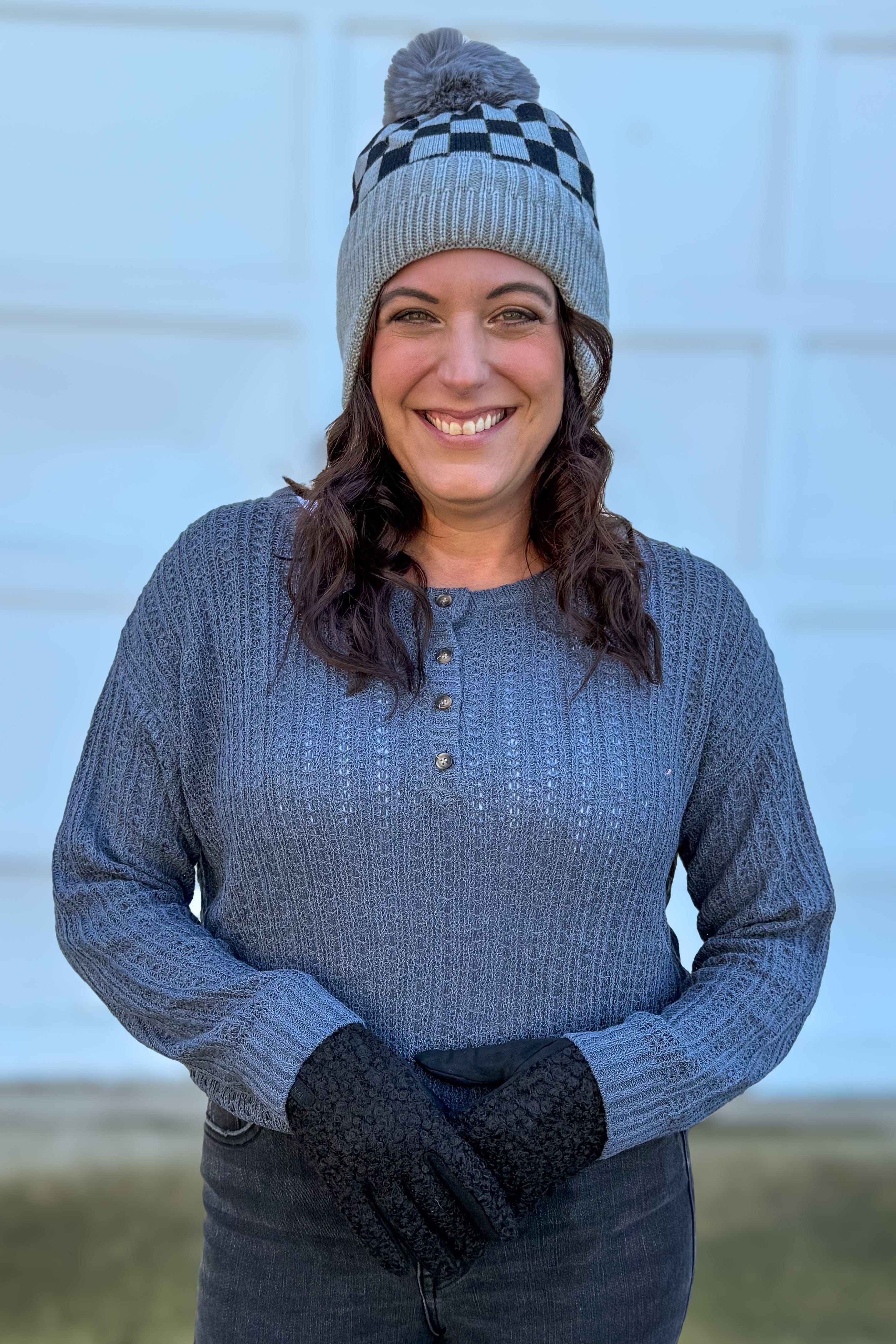 Grey Checkerboard Pom Beanie with Ear Flap