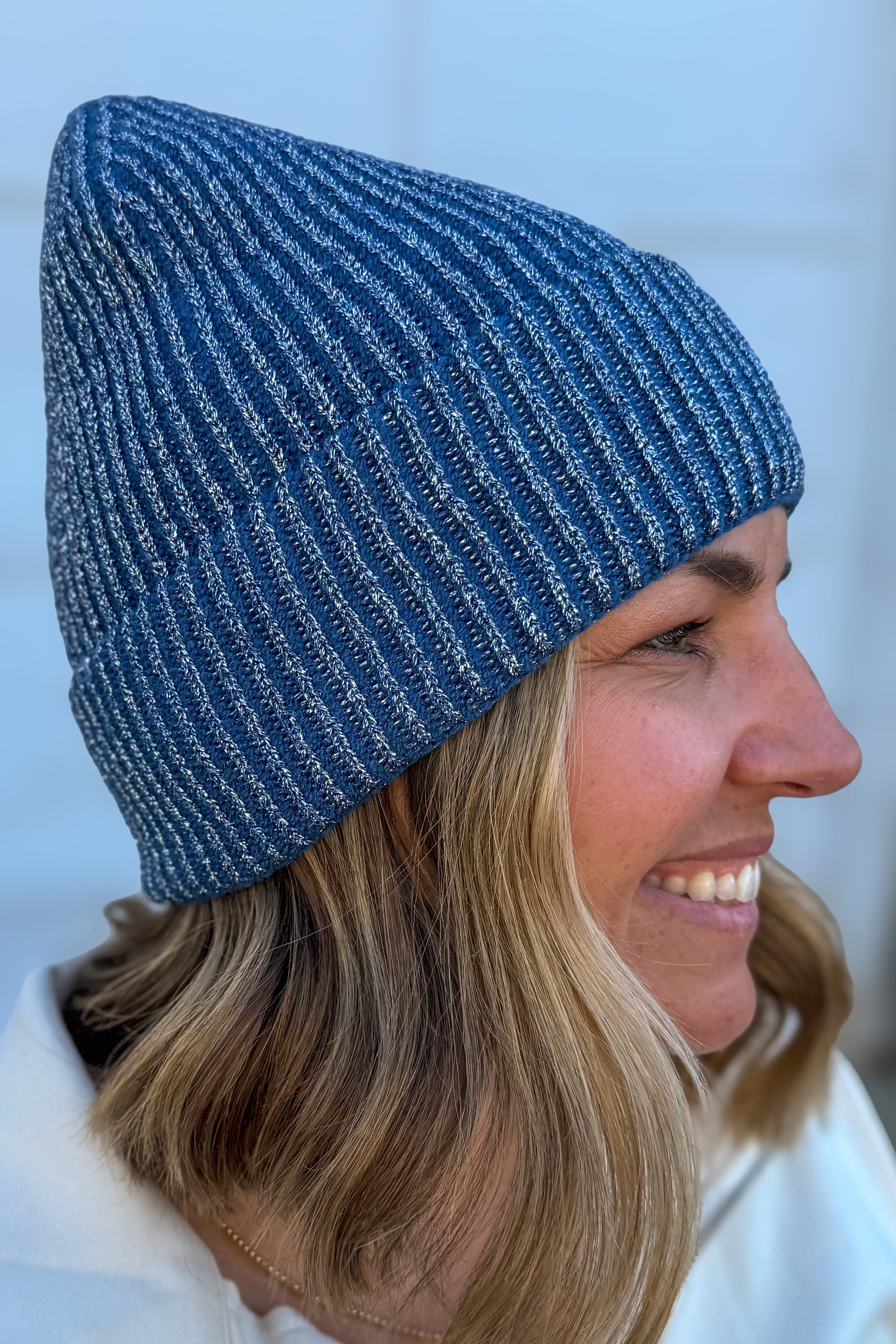 Blue Metallic Ribbed Beanie