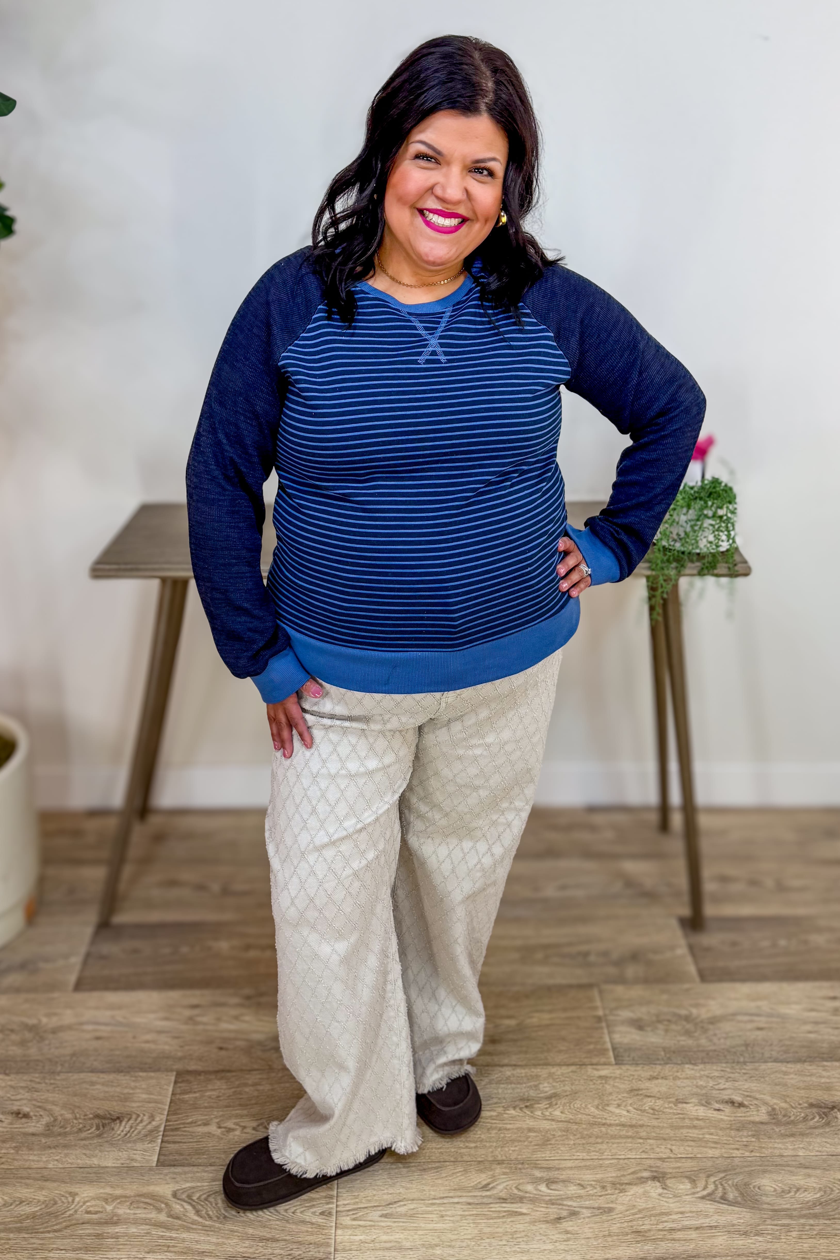 Blue Stripe Colorblock Sleeve Pullover Styled