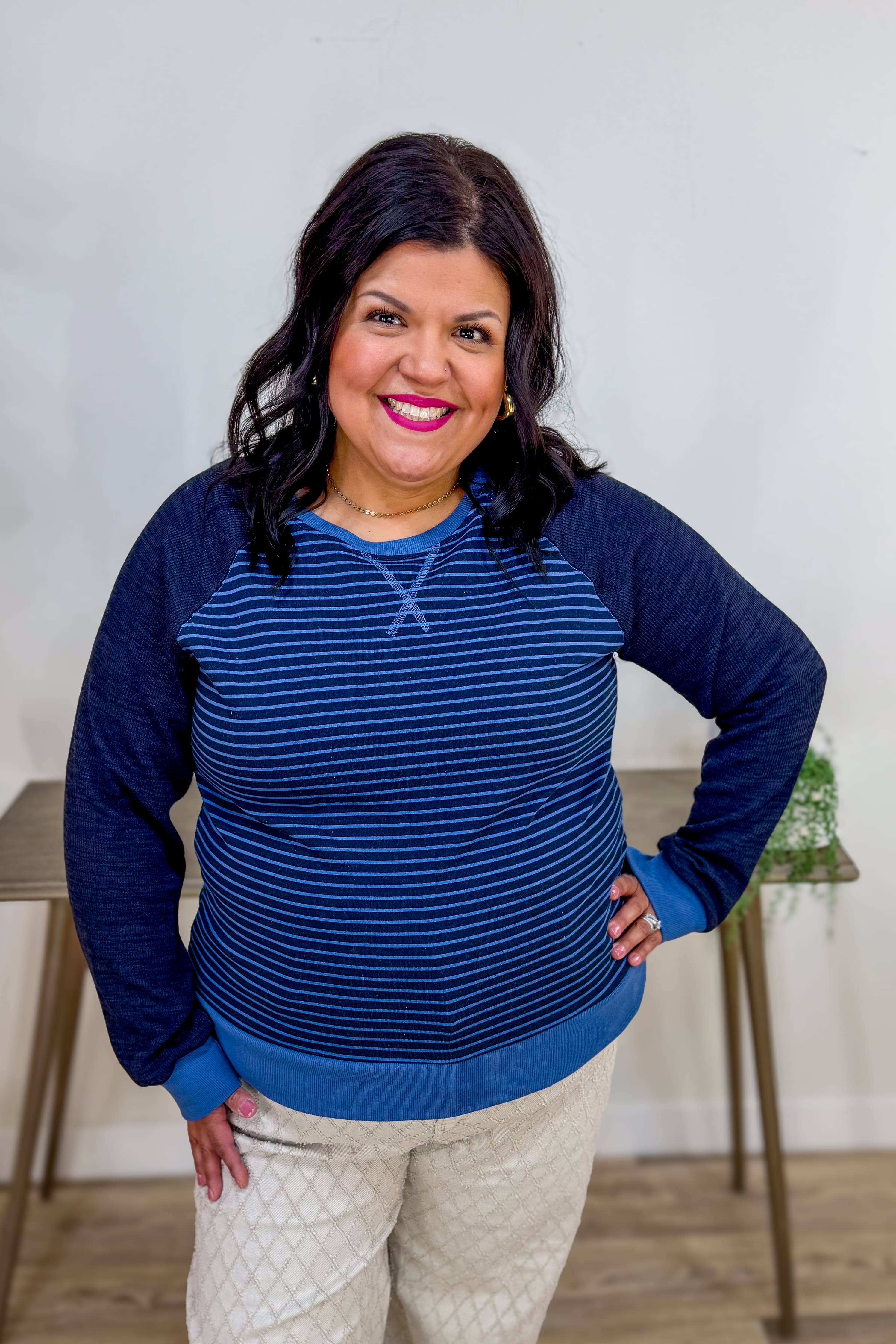 Blue Stripe Colorblock Sleeve Pullover