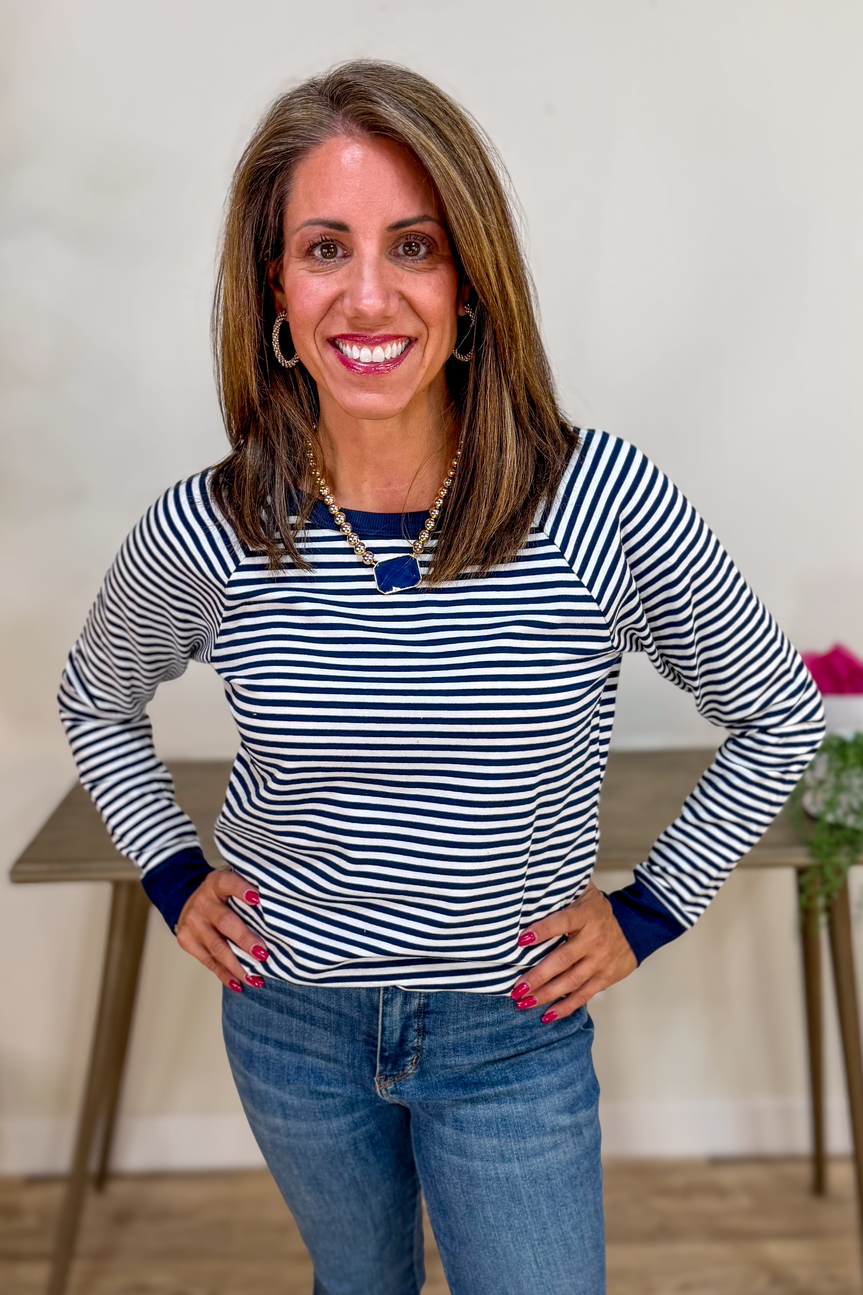 Navy & Ivory Striped Terry Pullover