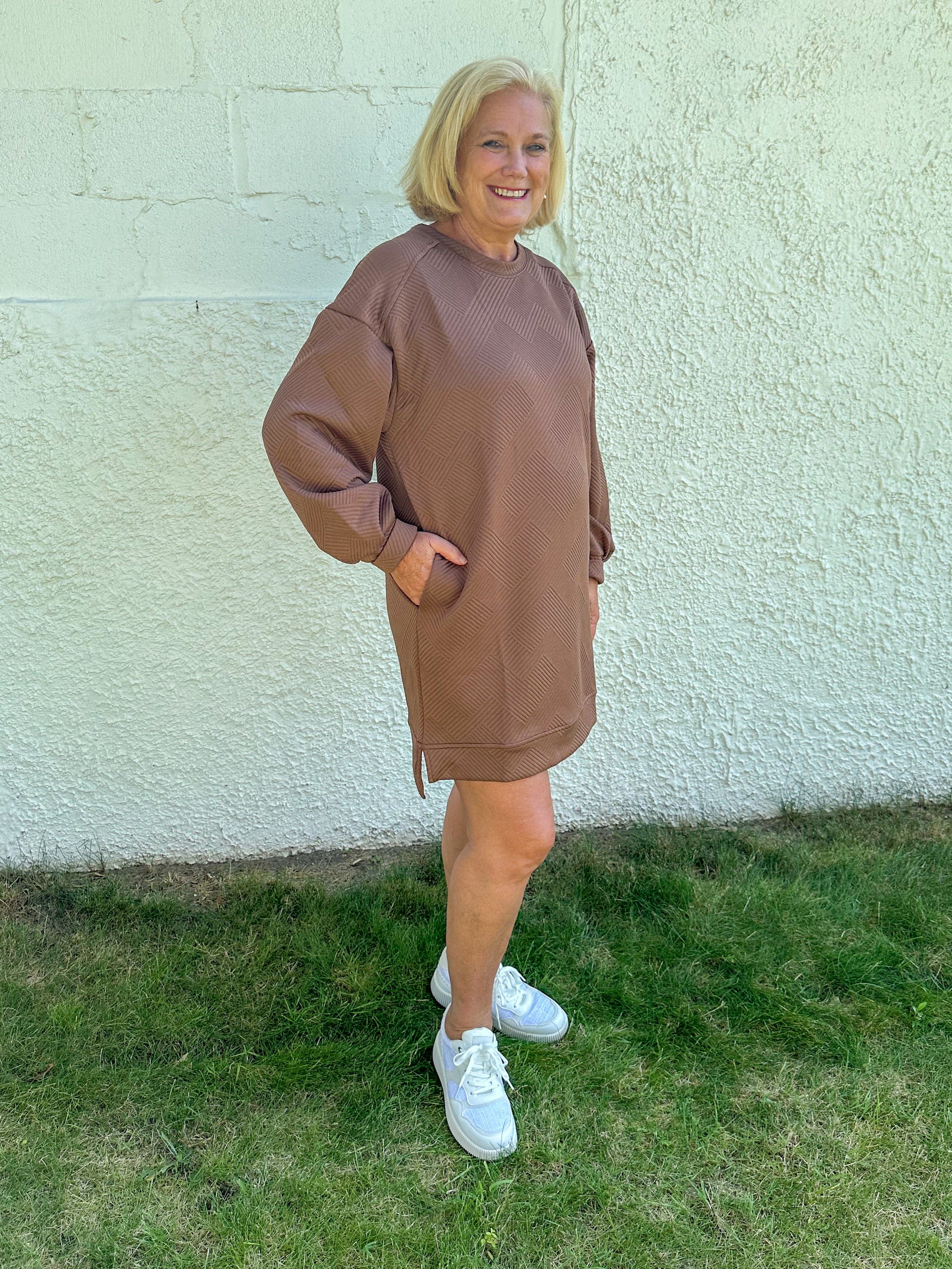Cocoa Textured Dress styled