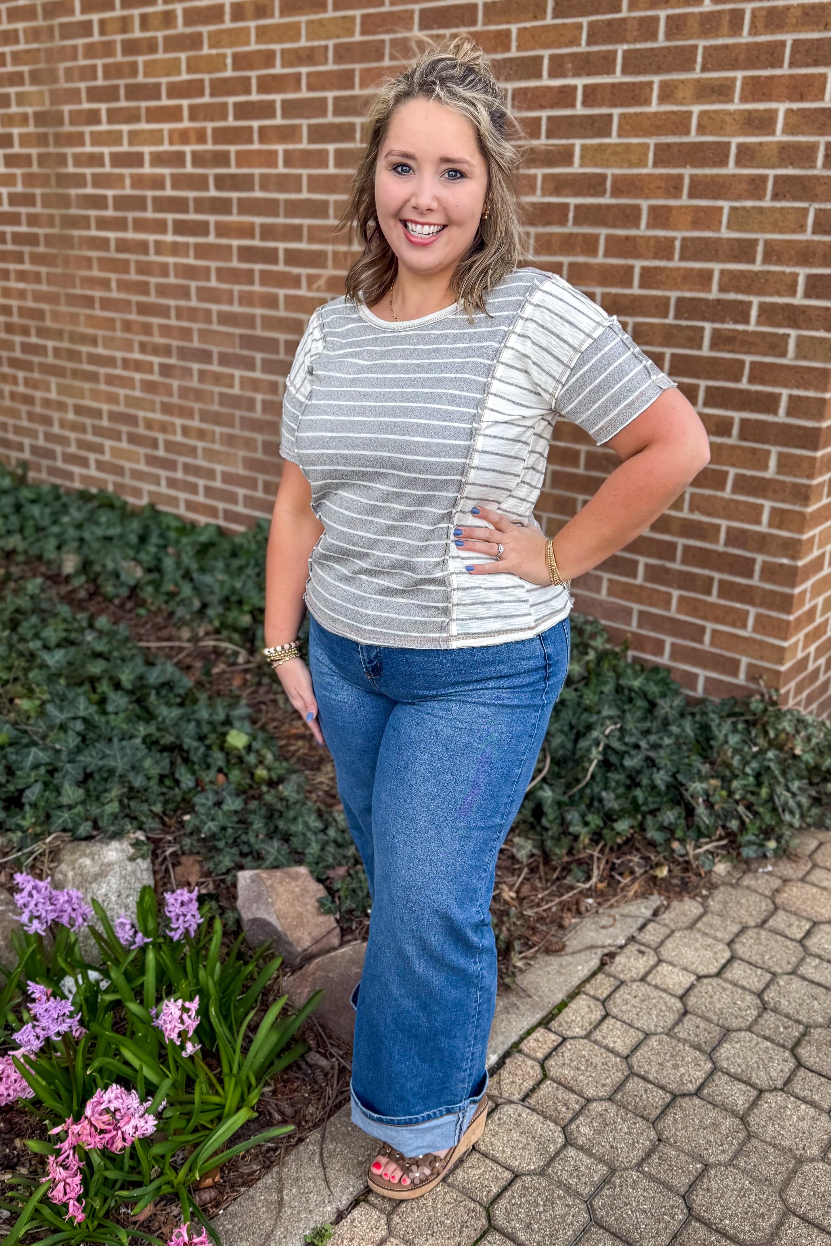Gray Color Block Stripe Knit Top styled