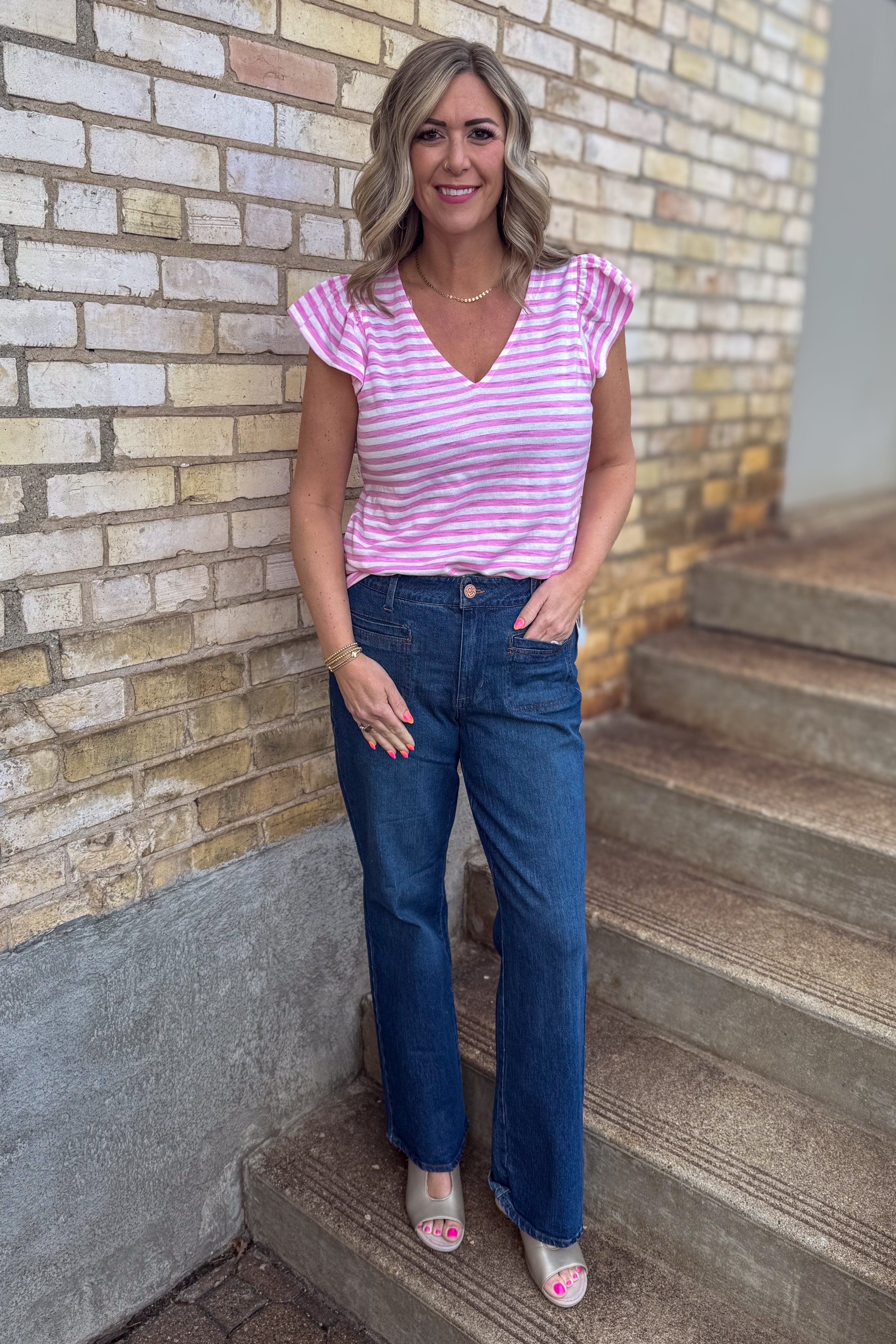 Pink Flutter Sleeve Knit Tee styled