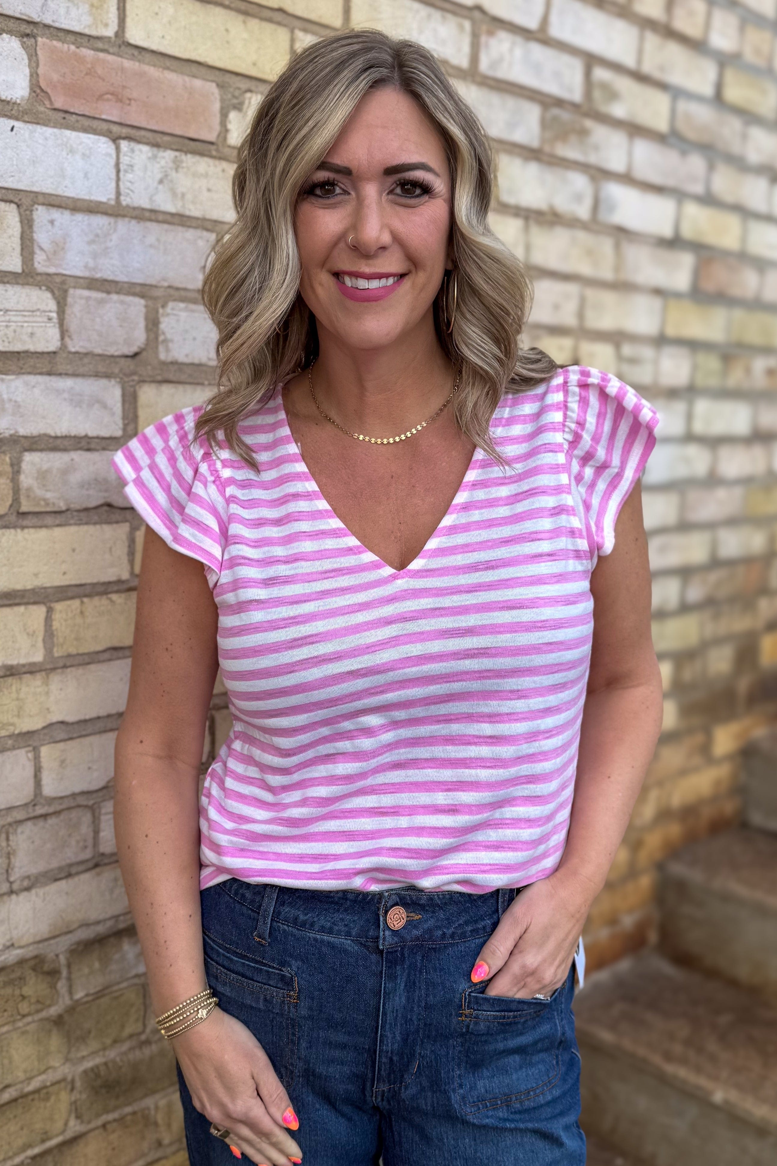 Pink Flutter Sleeve Knit Tee