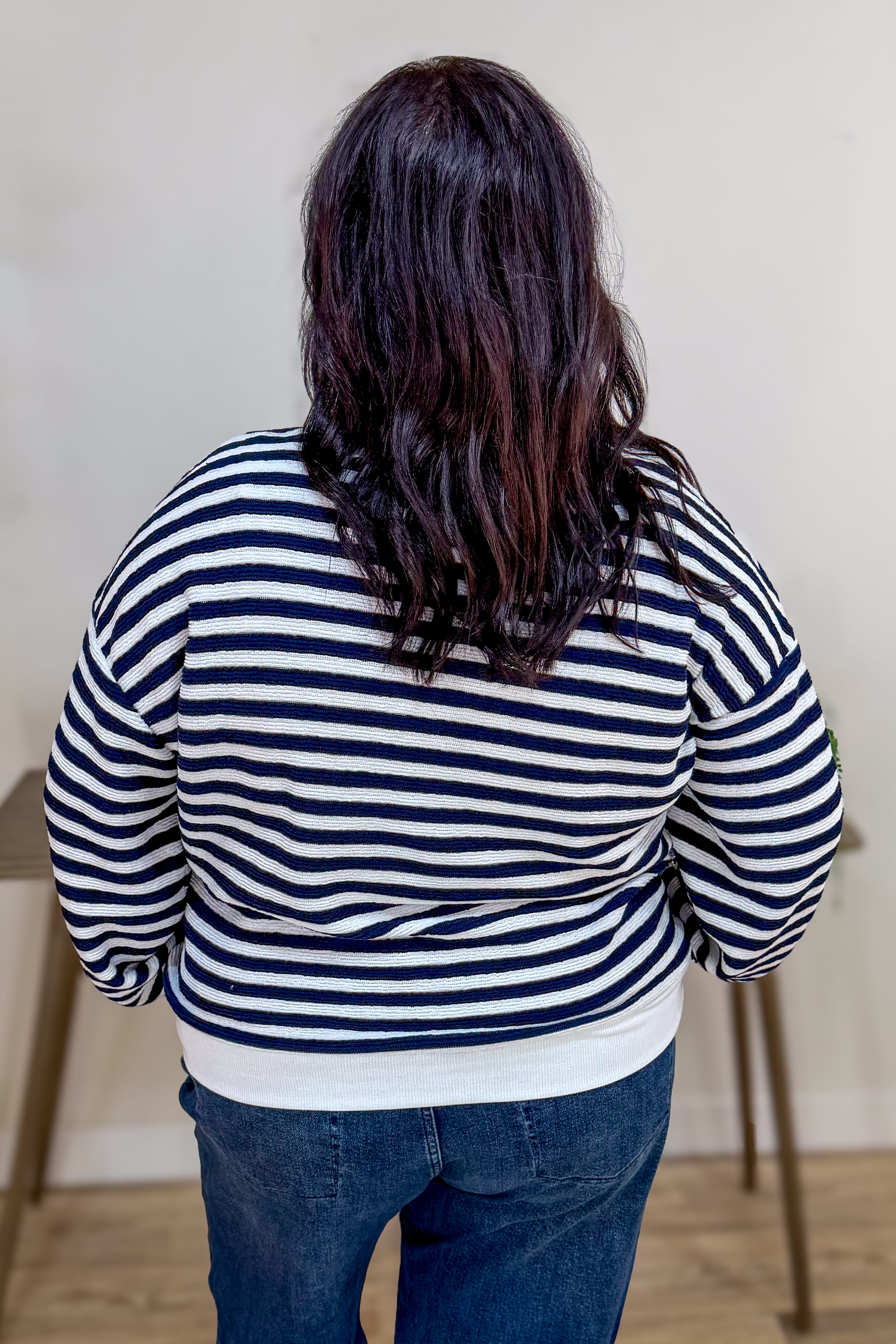 Navy Striped Rib Banded Pullover Back