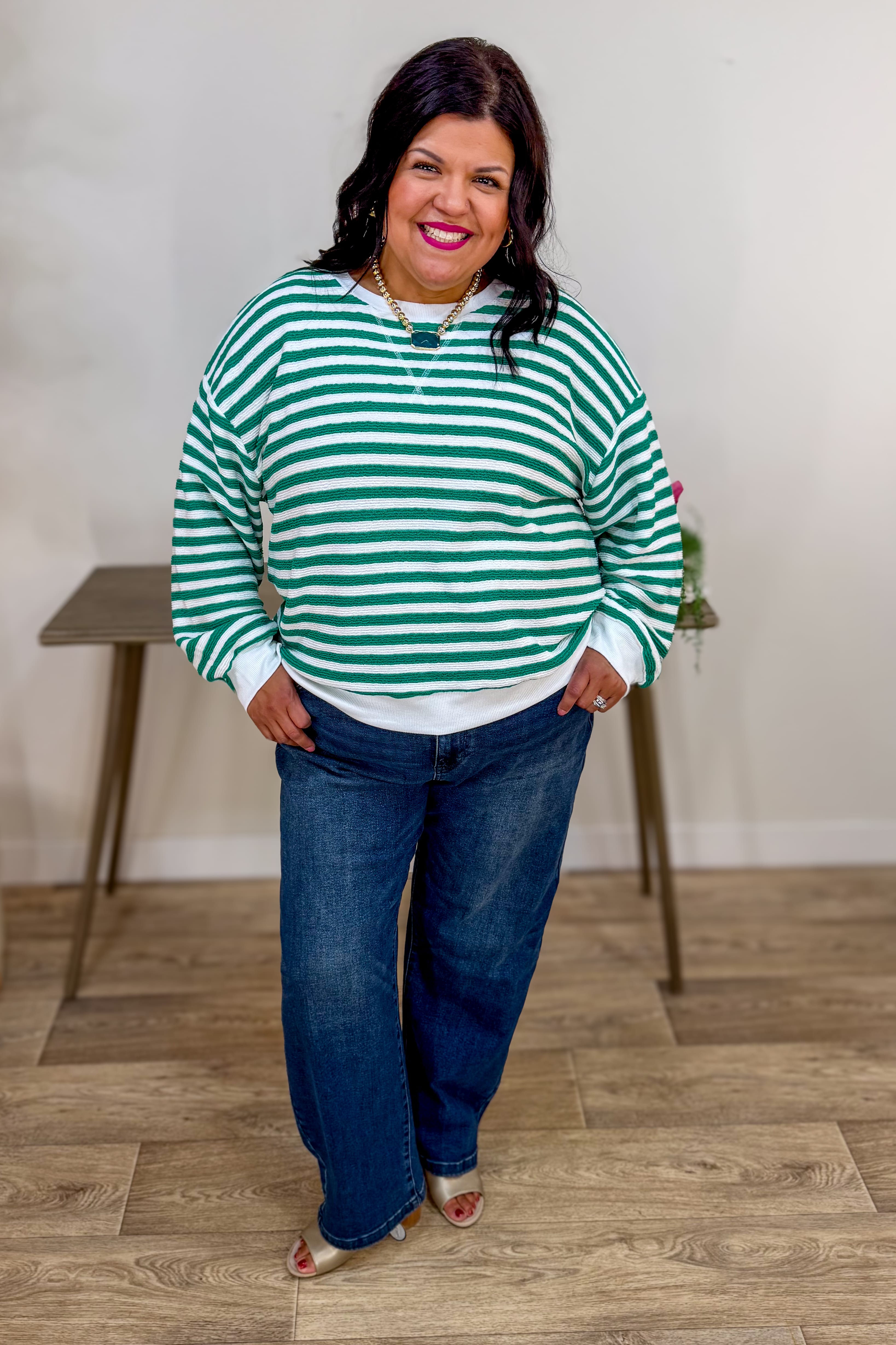 Kelly Green Striped Rib Banded Pullover Styled