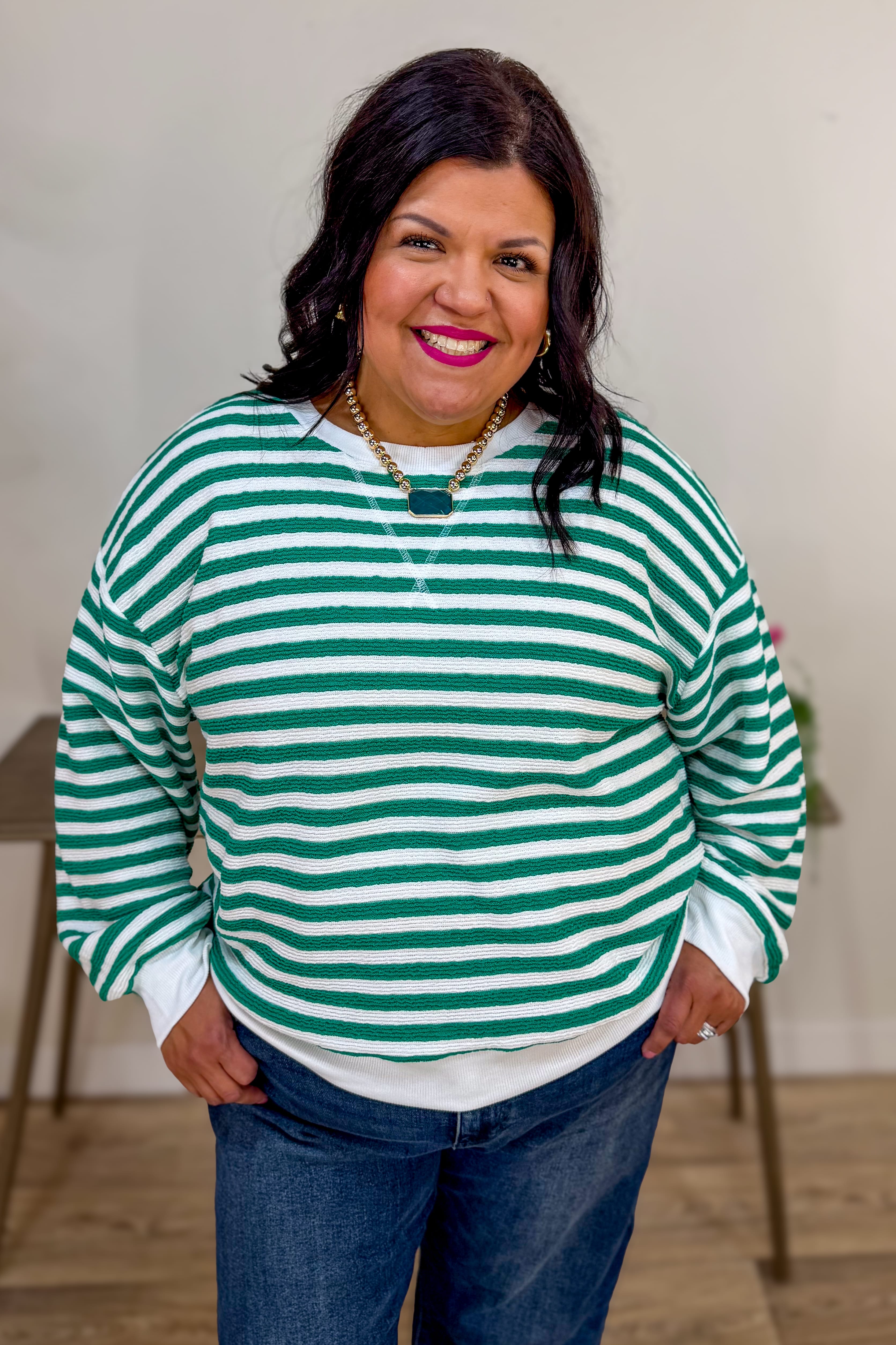 Kelly Green Striped Rib Banded Pullover