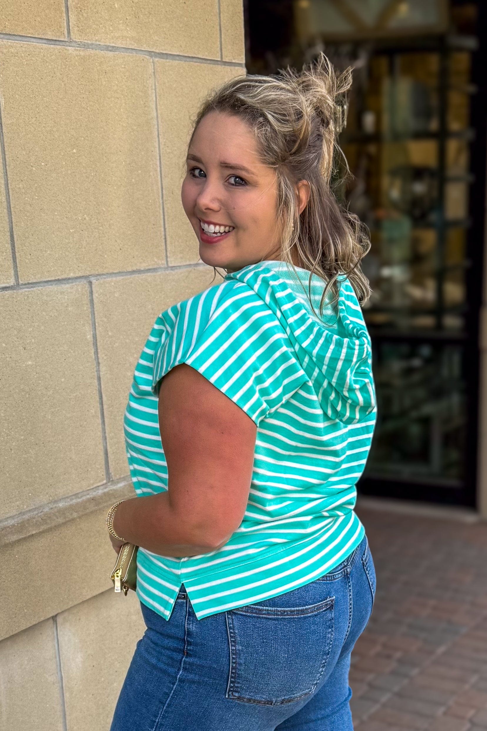 Mint Stripe Sleeveless Hoodie Top back