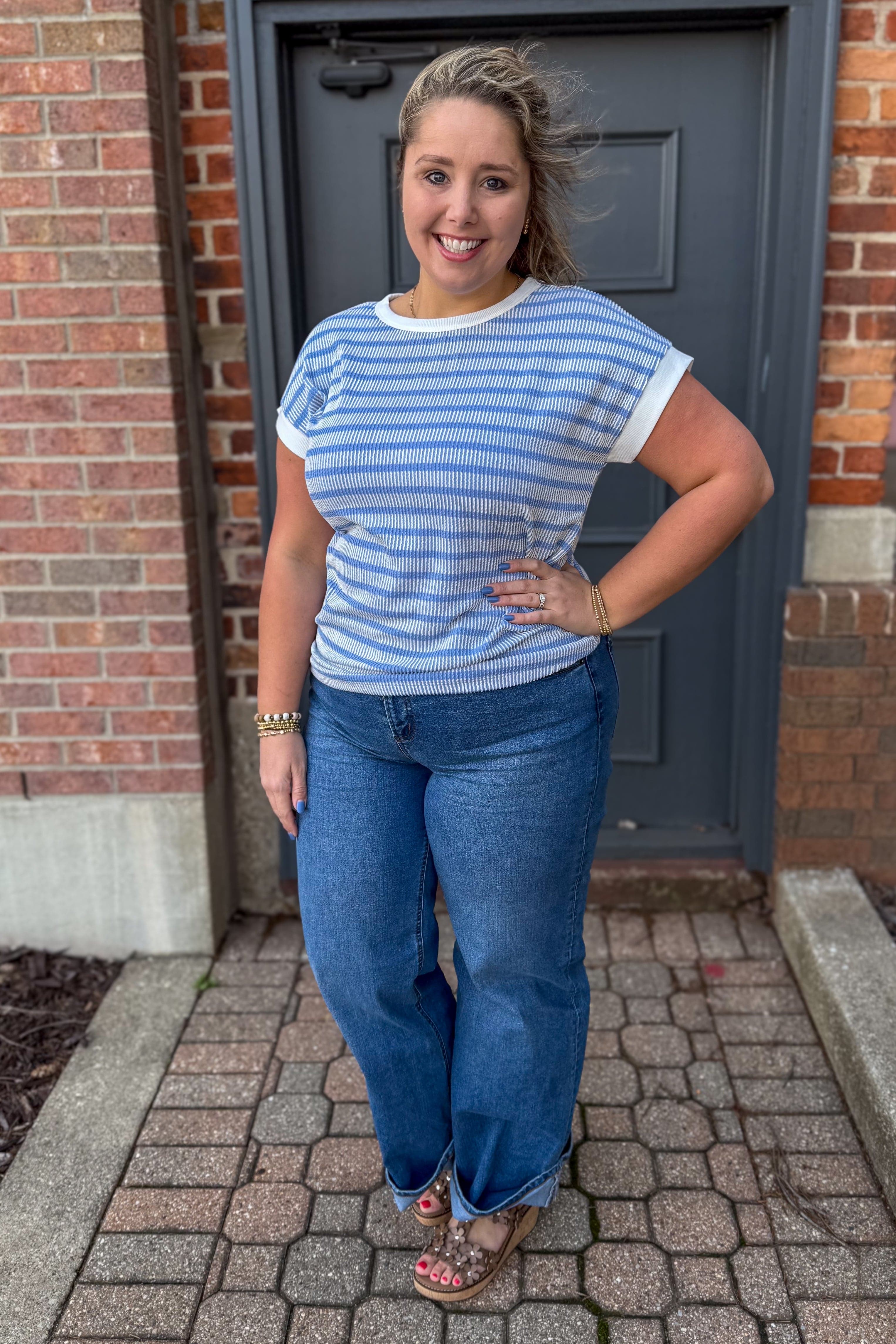 Blue Ribbed Stripe Top styled