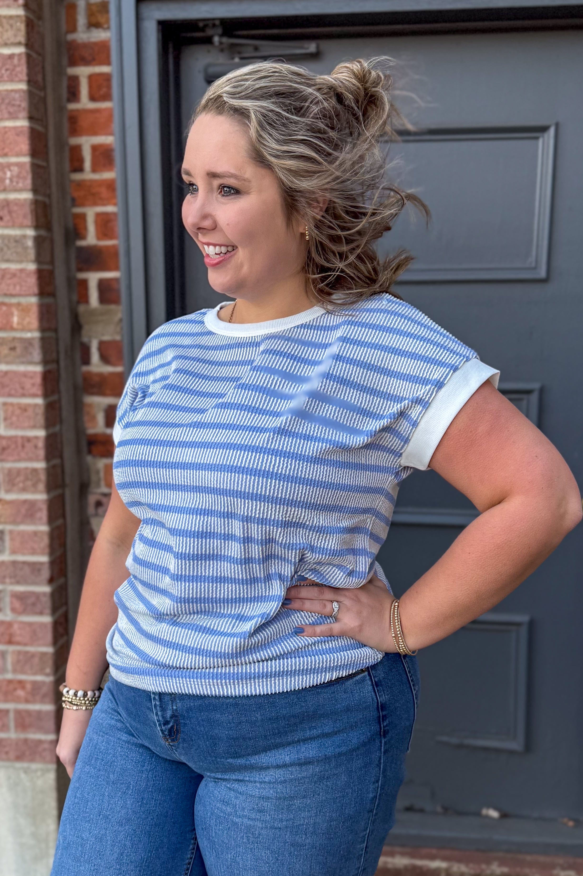 Blue Ribbed Stripe Top