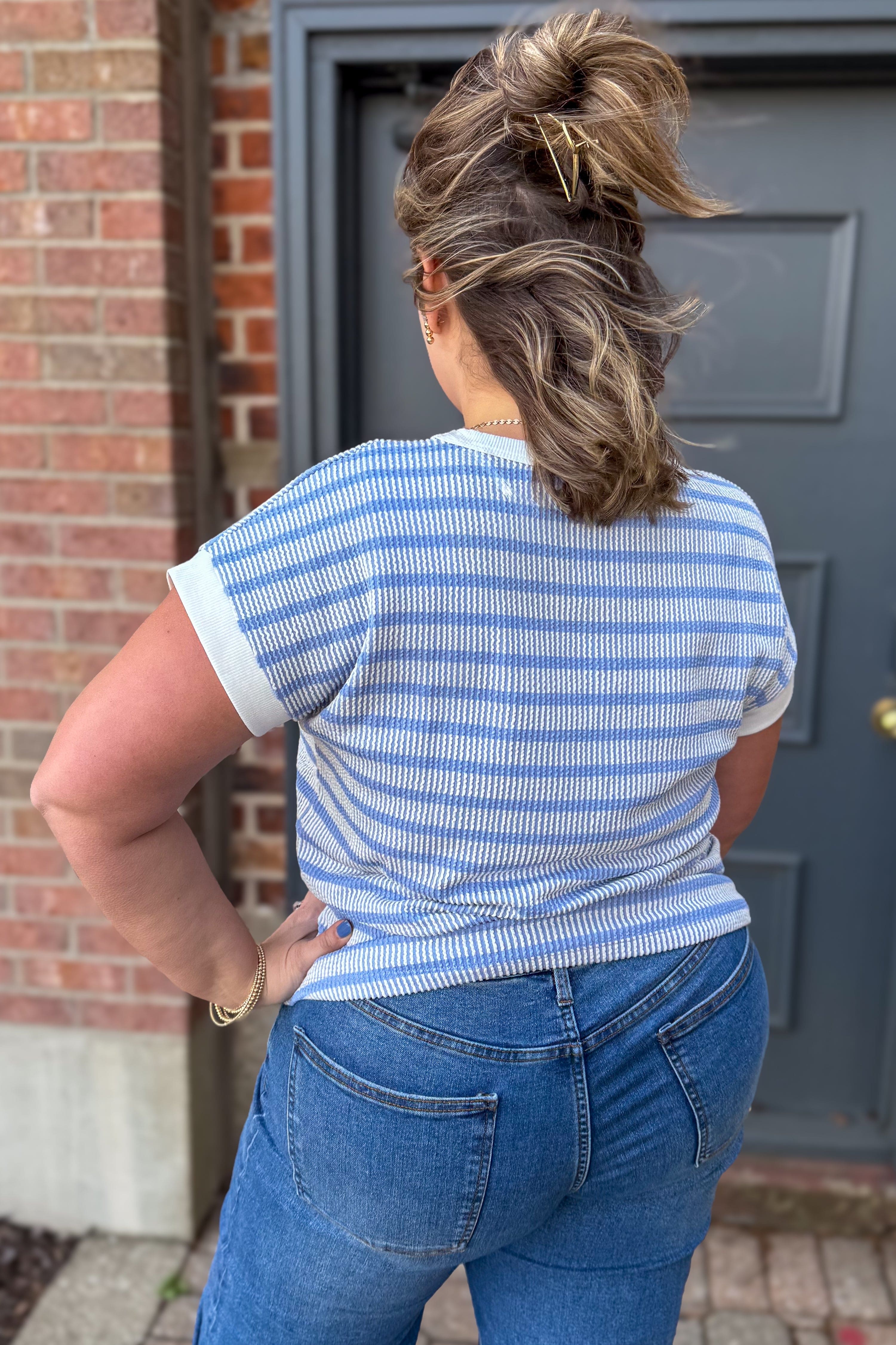 Blue Ribbed Stripe Top back