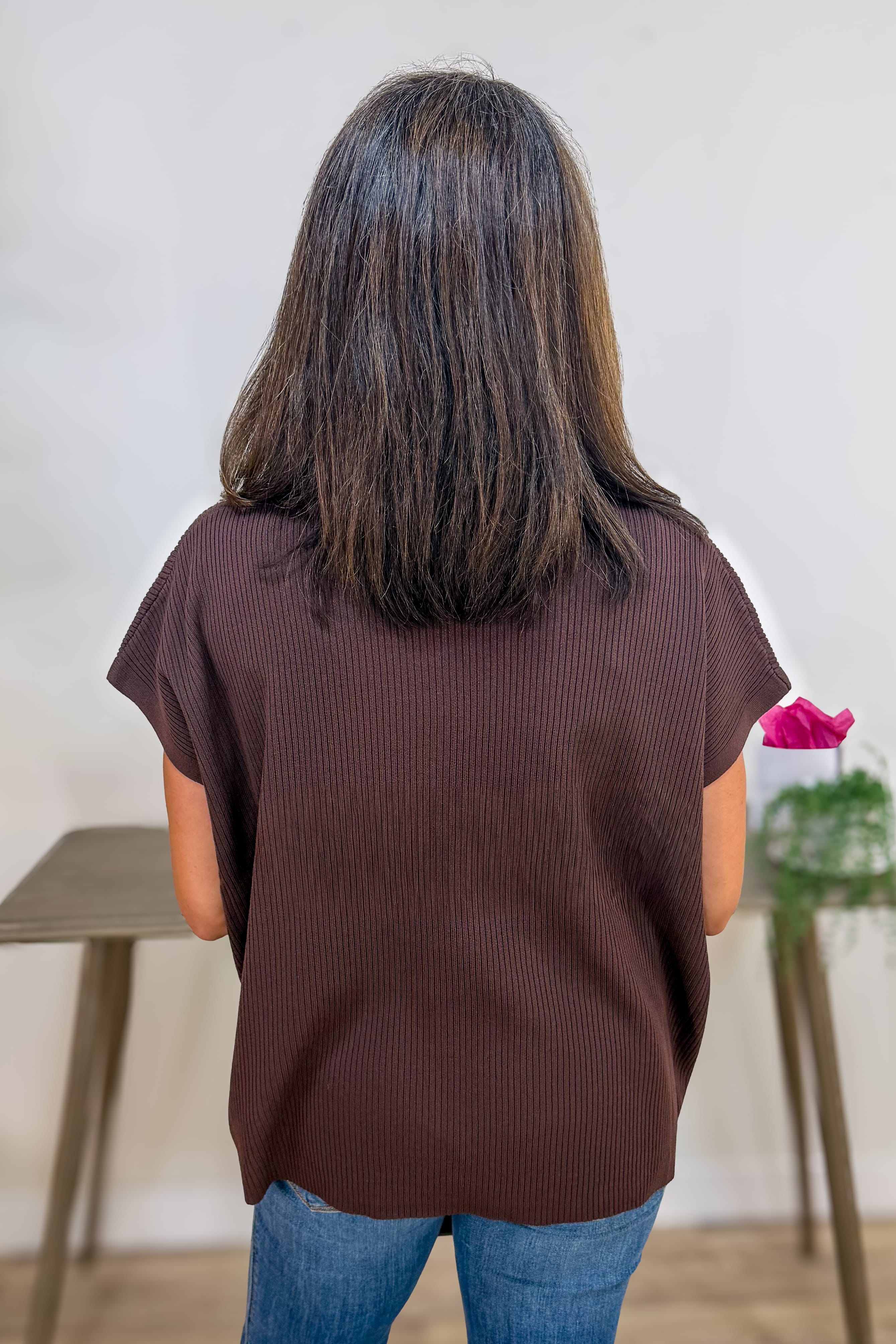 Brown Mock Neck Boxy Short Sleeve Sweater Back