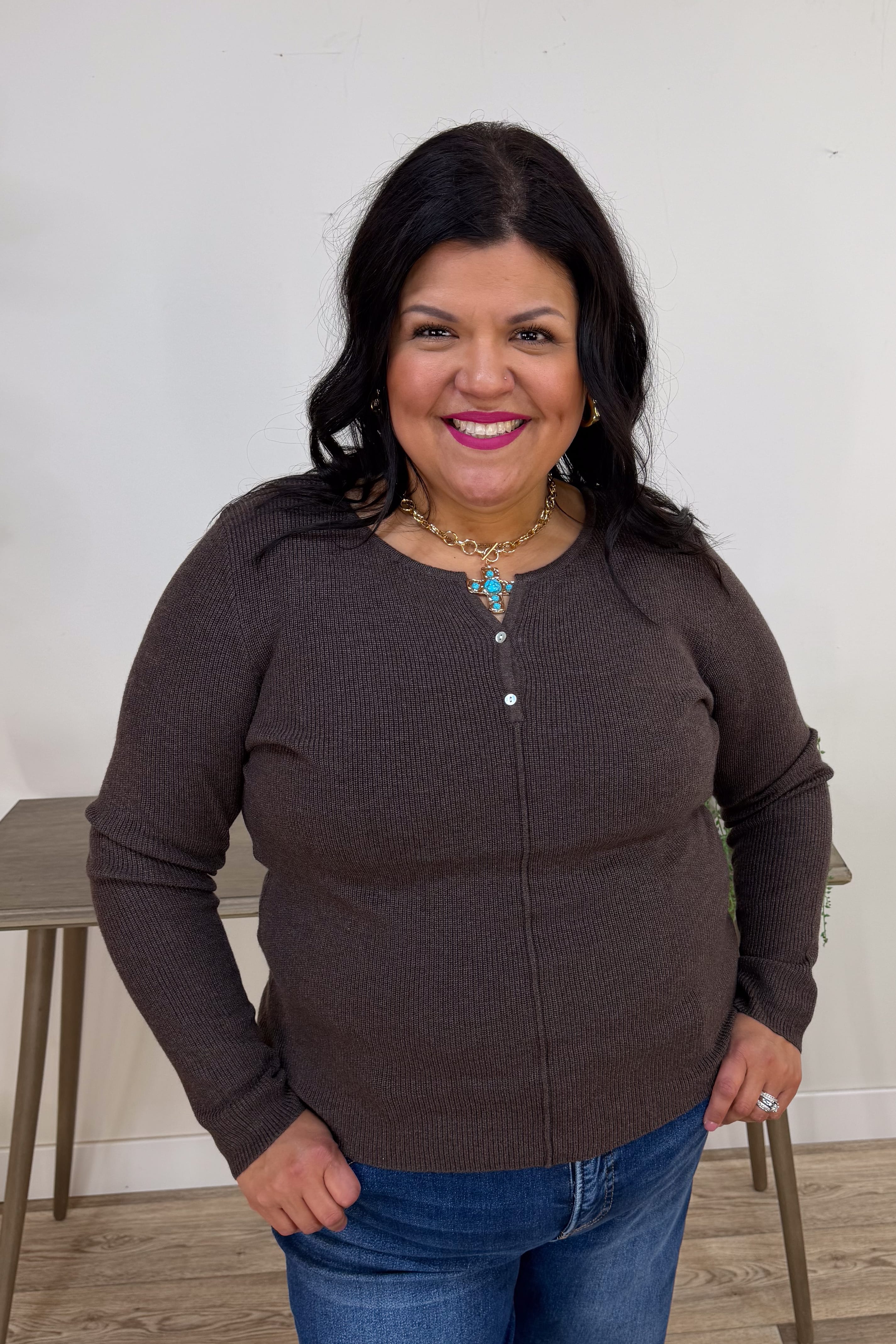 Chocolate Henley Ribbed Sweater