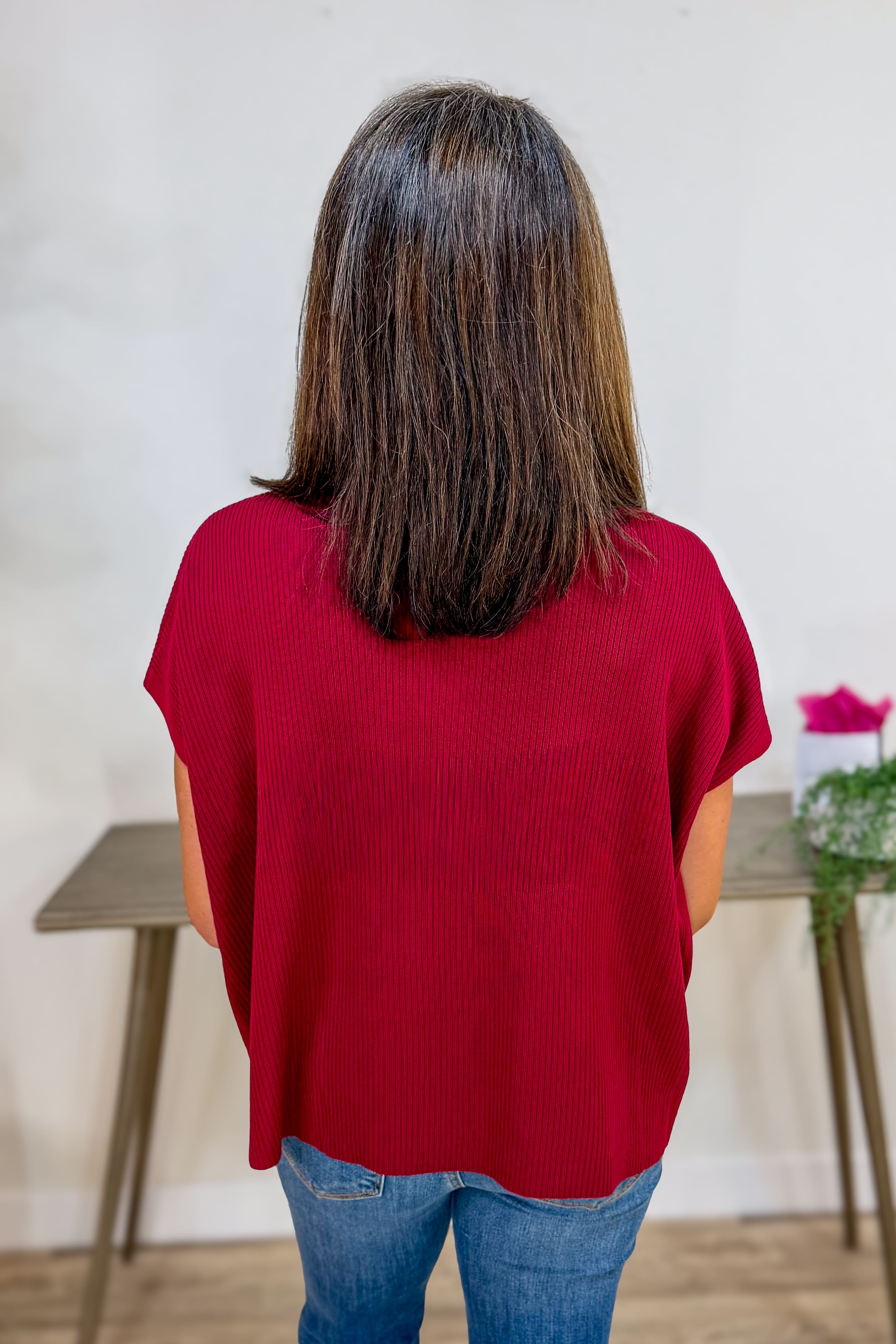 Cabernet Mock Neck Boxy Short Sleeve Sweater Back
