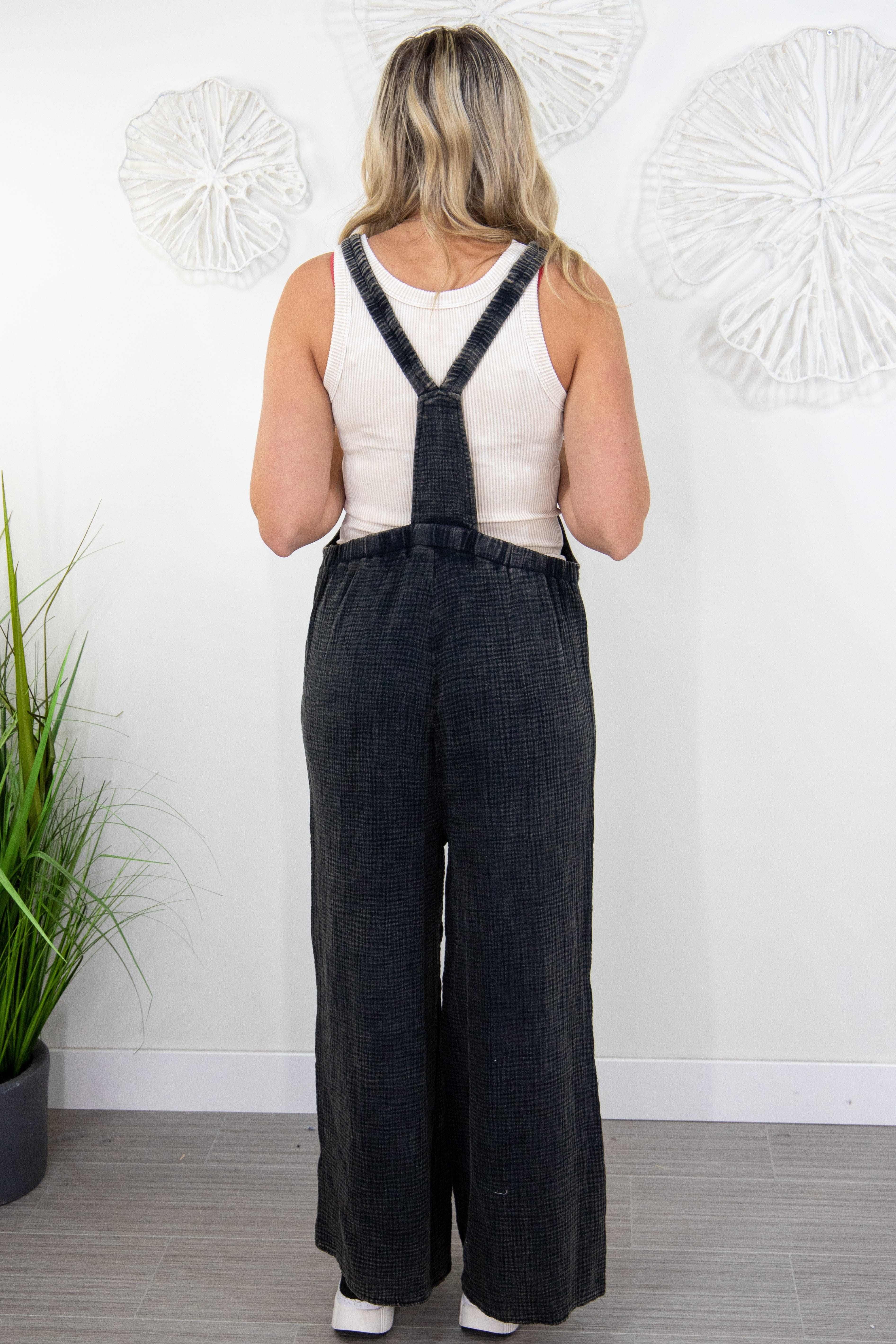 Ash Black Gauze Wide Overalls Back