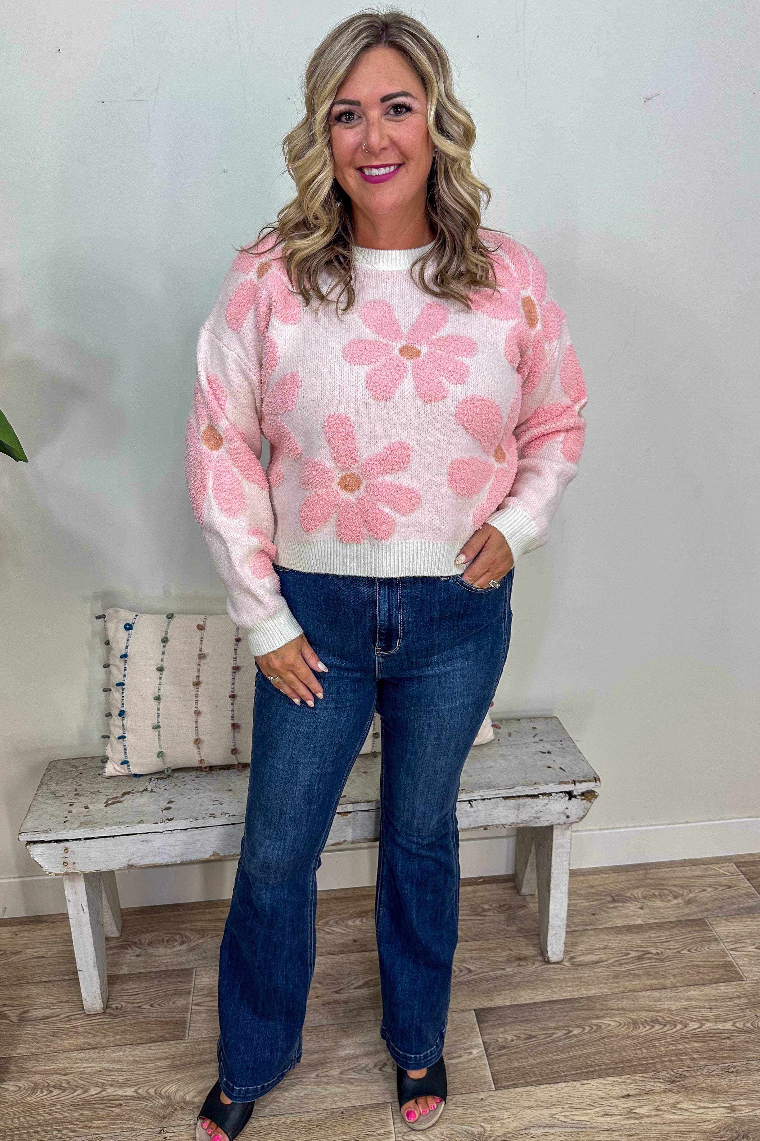 Pink & Ivory Floral Sweater styled