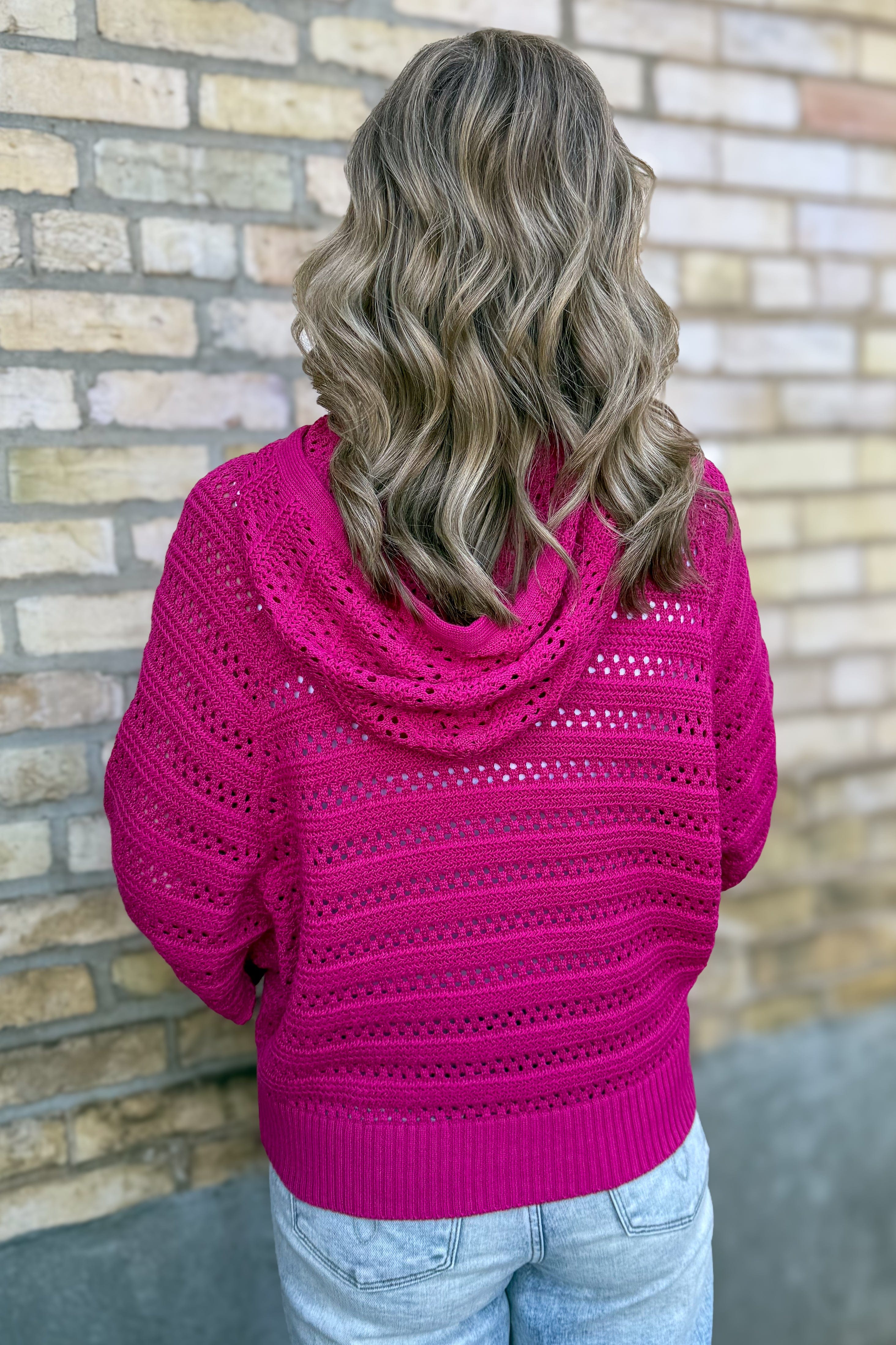 Magenta Crochet Dolman Sleeve Hoodie Sweater back