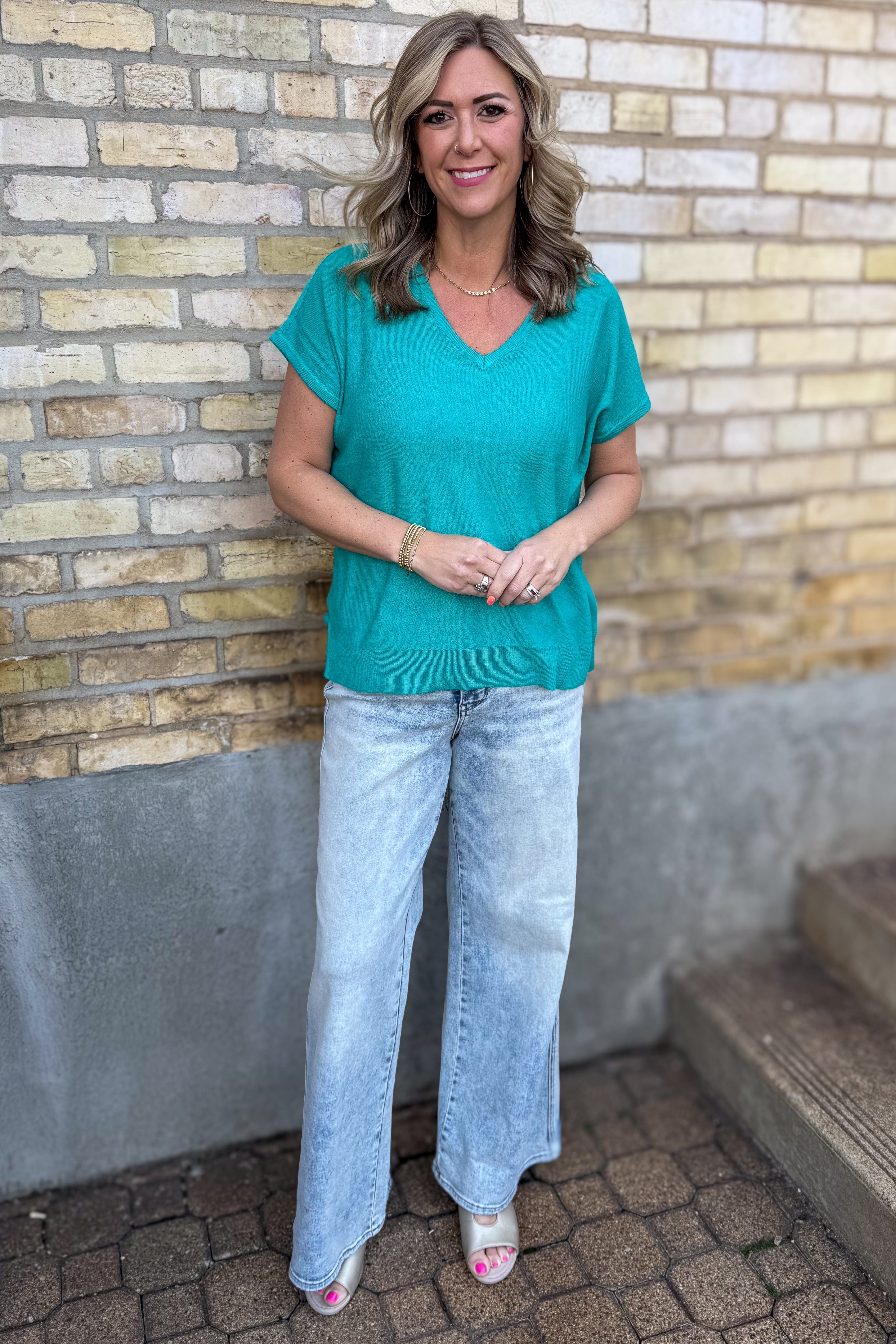 Jade V-Neck Short Sleeve Sweater styled