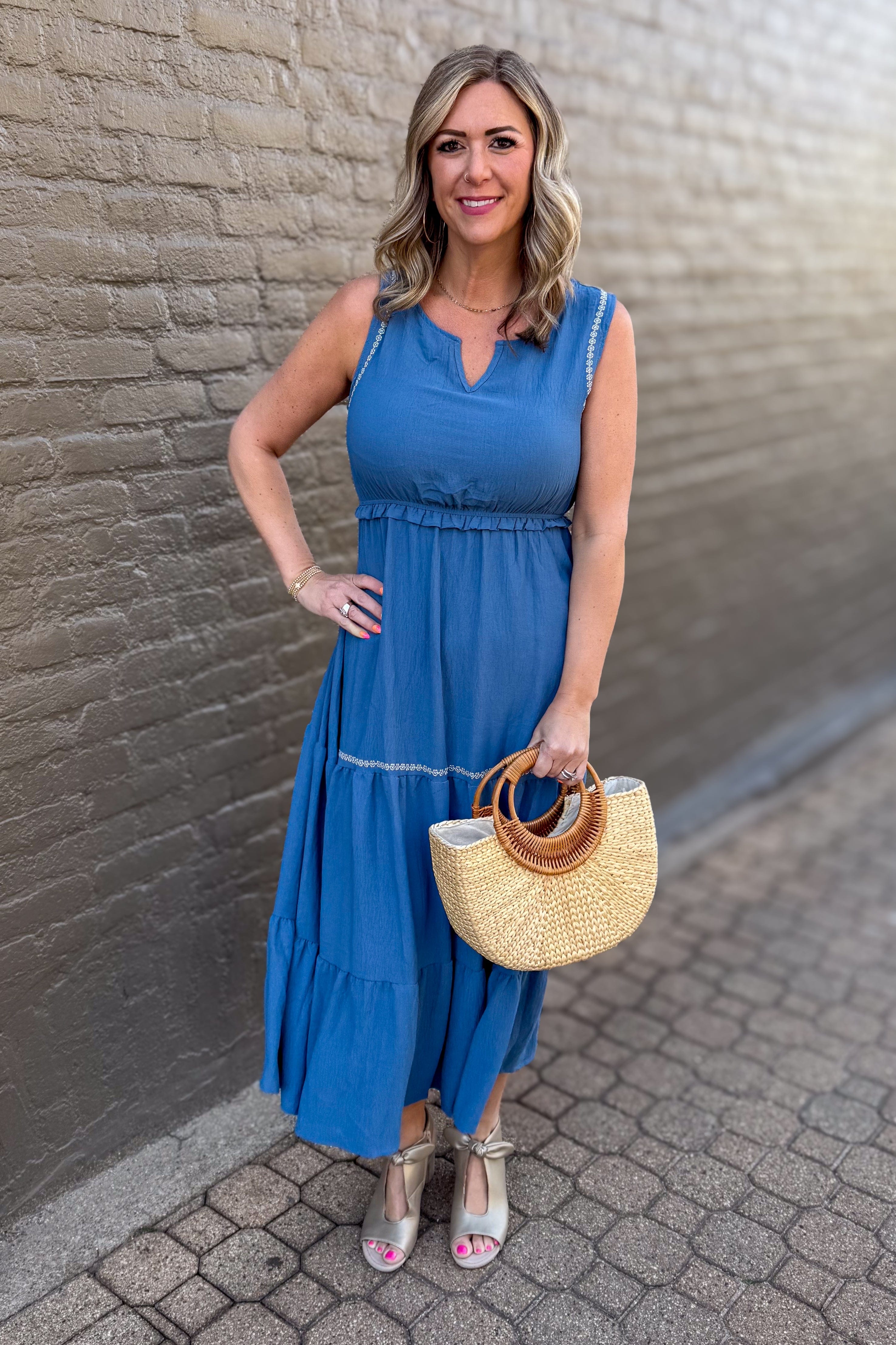 Dusty Blue Tiered Embroidered Dress