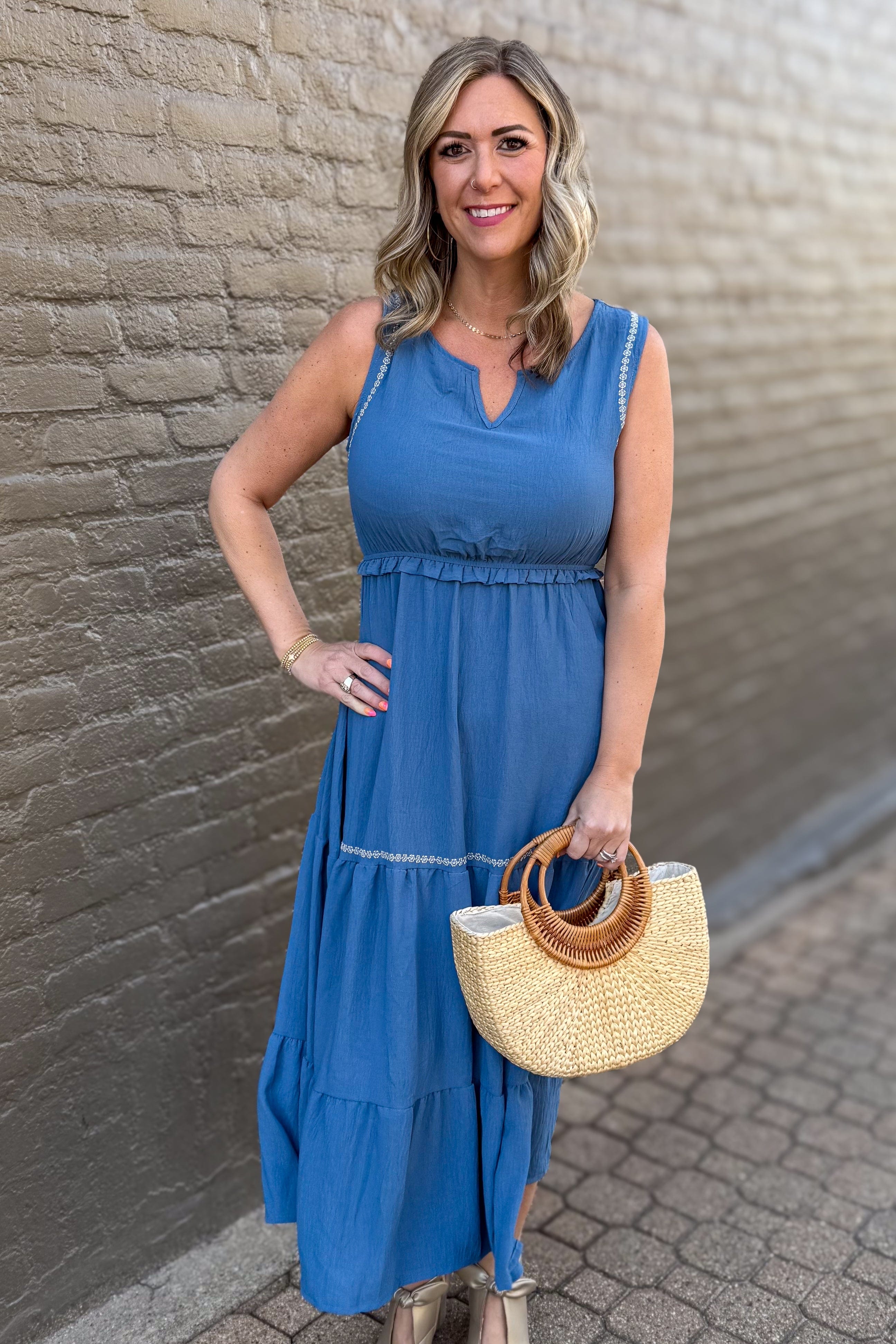 Dusty Blue Tiered Embroidered Dress styled