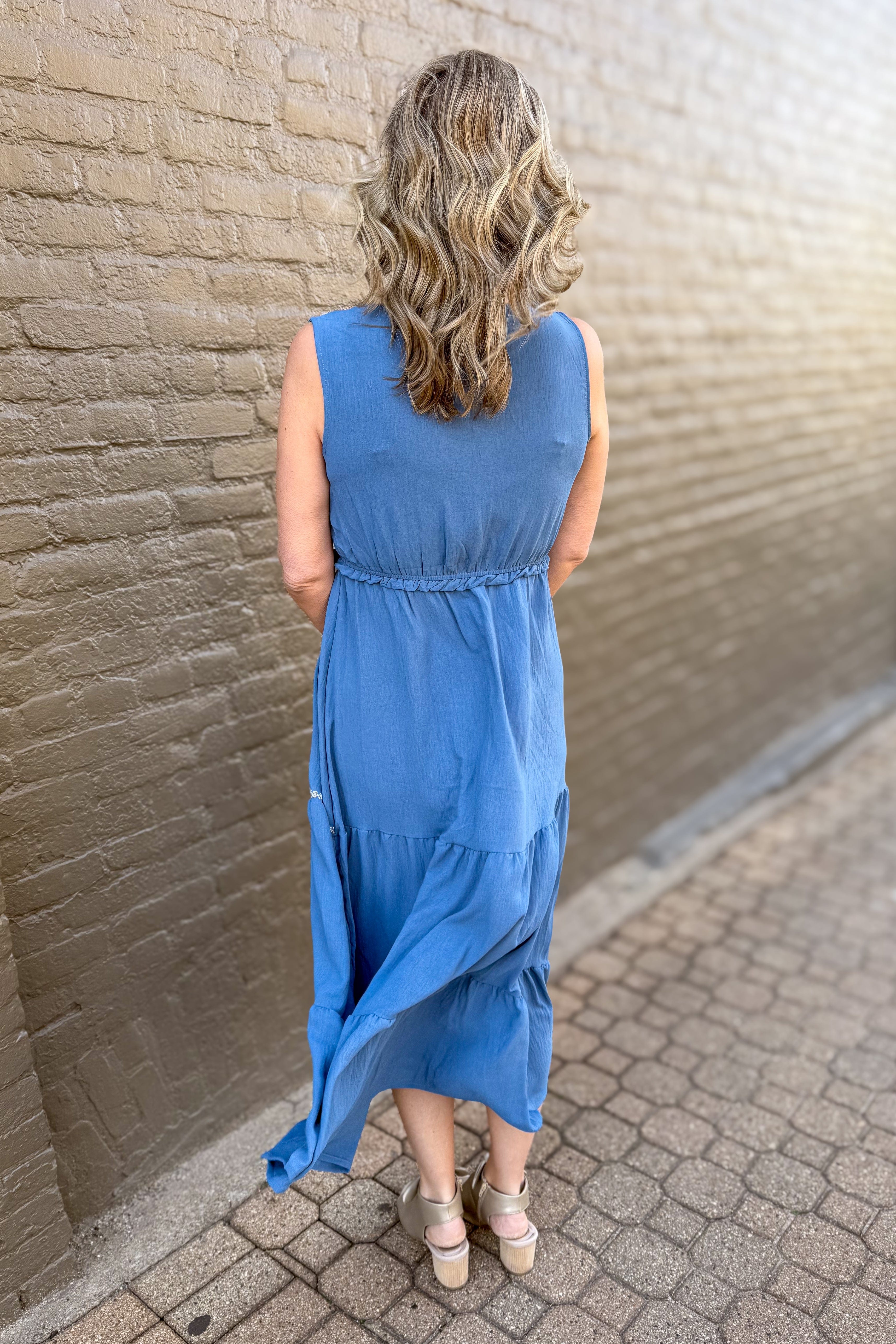 Dusty Blue Tiered Embroidered Dress back