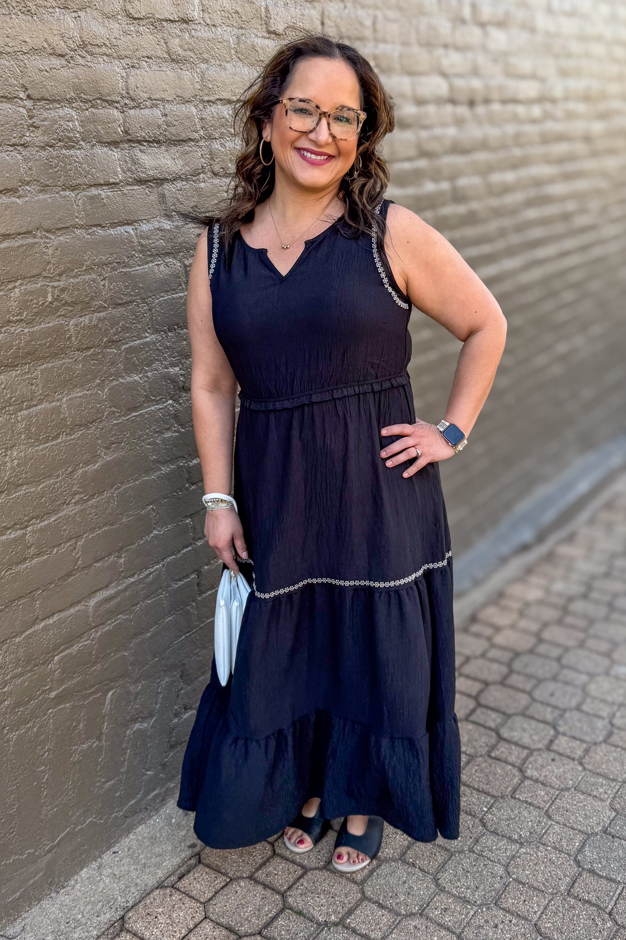 Black Tiered Embroidered Dress styled