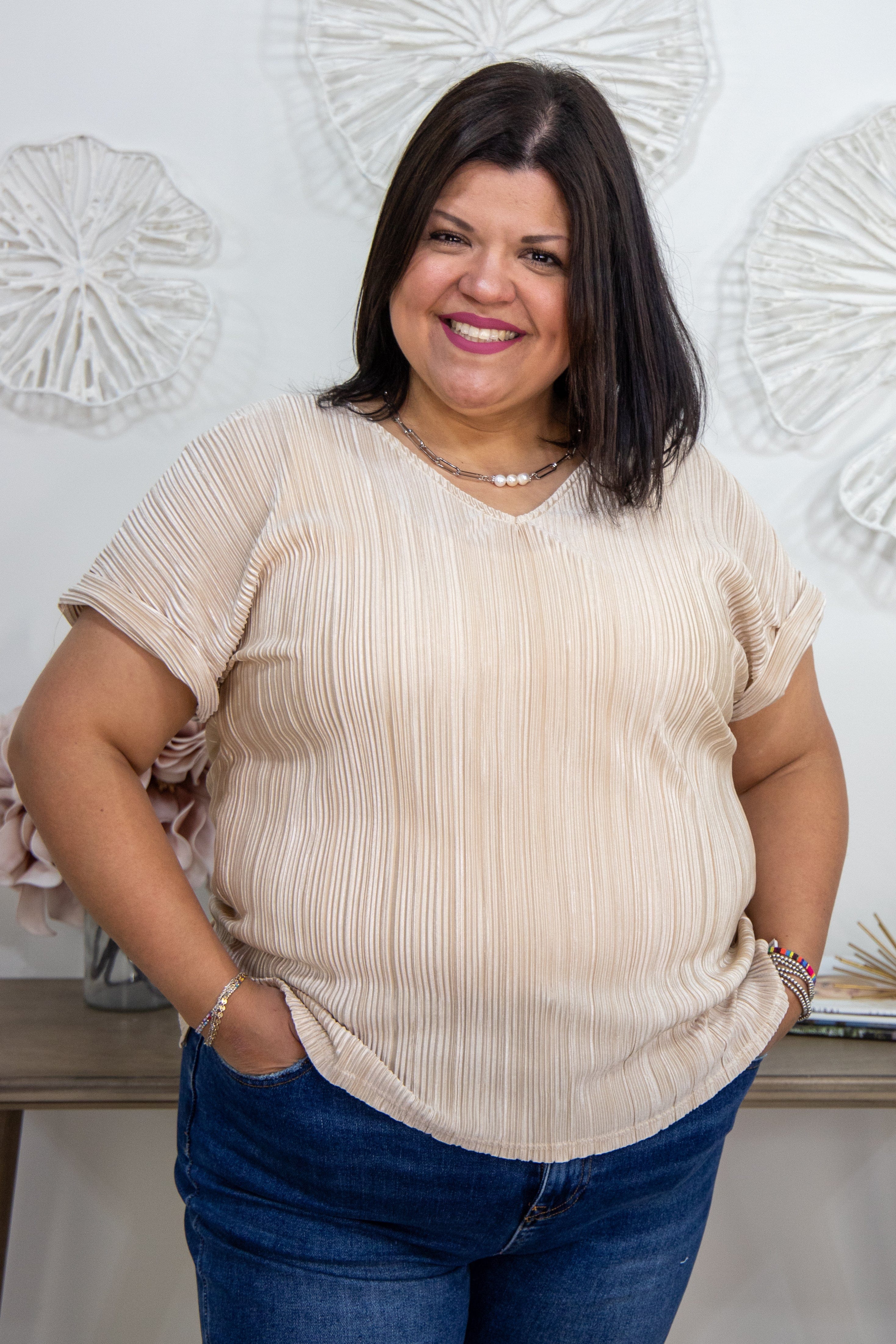 Champagne Ripple Shimmer VNeck Blouse