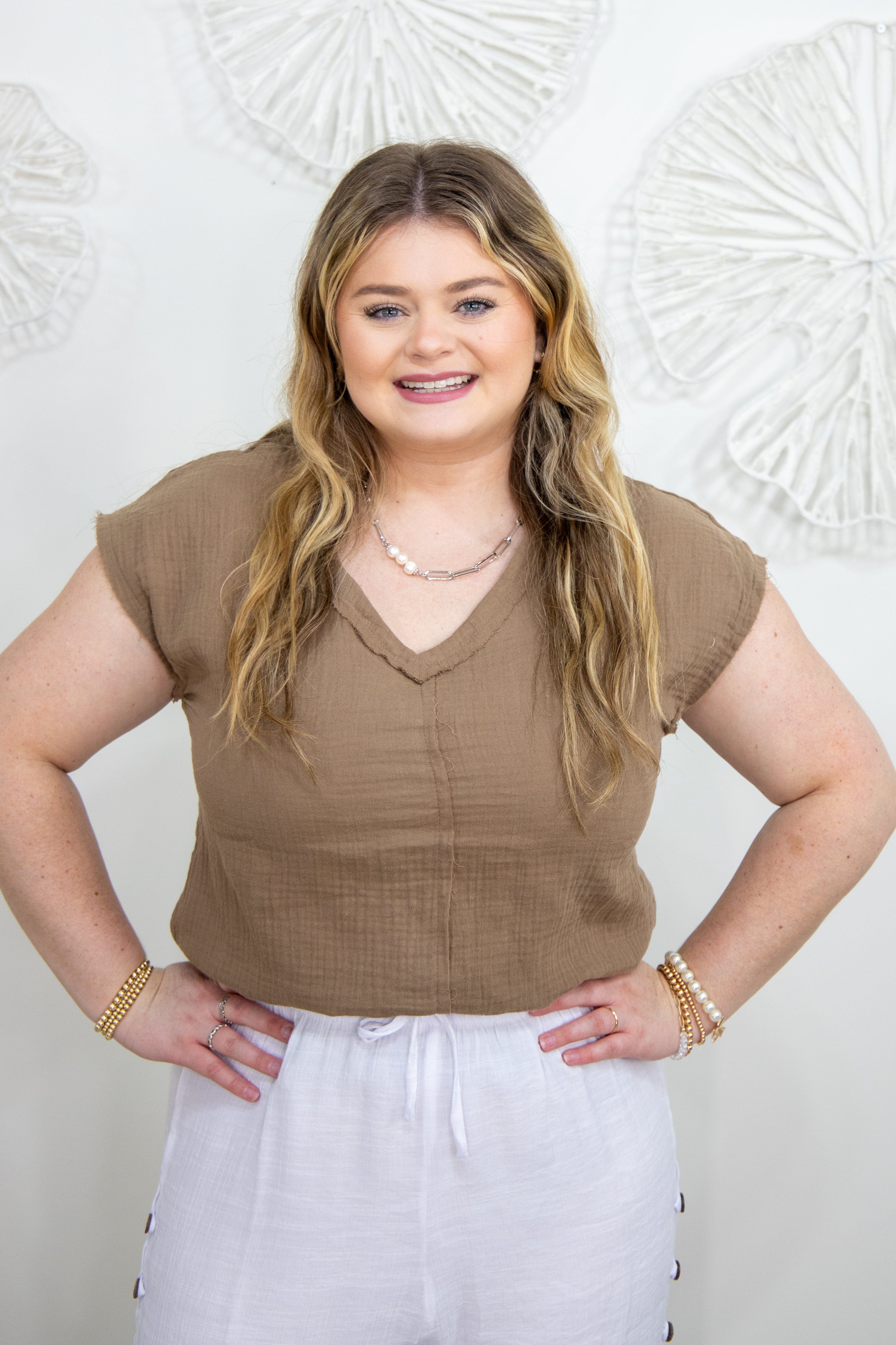 Mocha VNeck Raw Cut Gauze Top