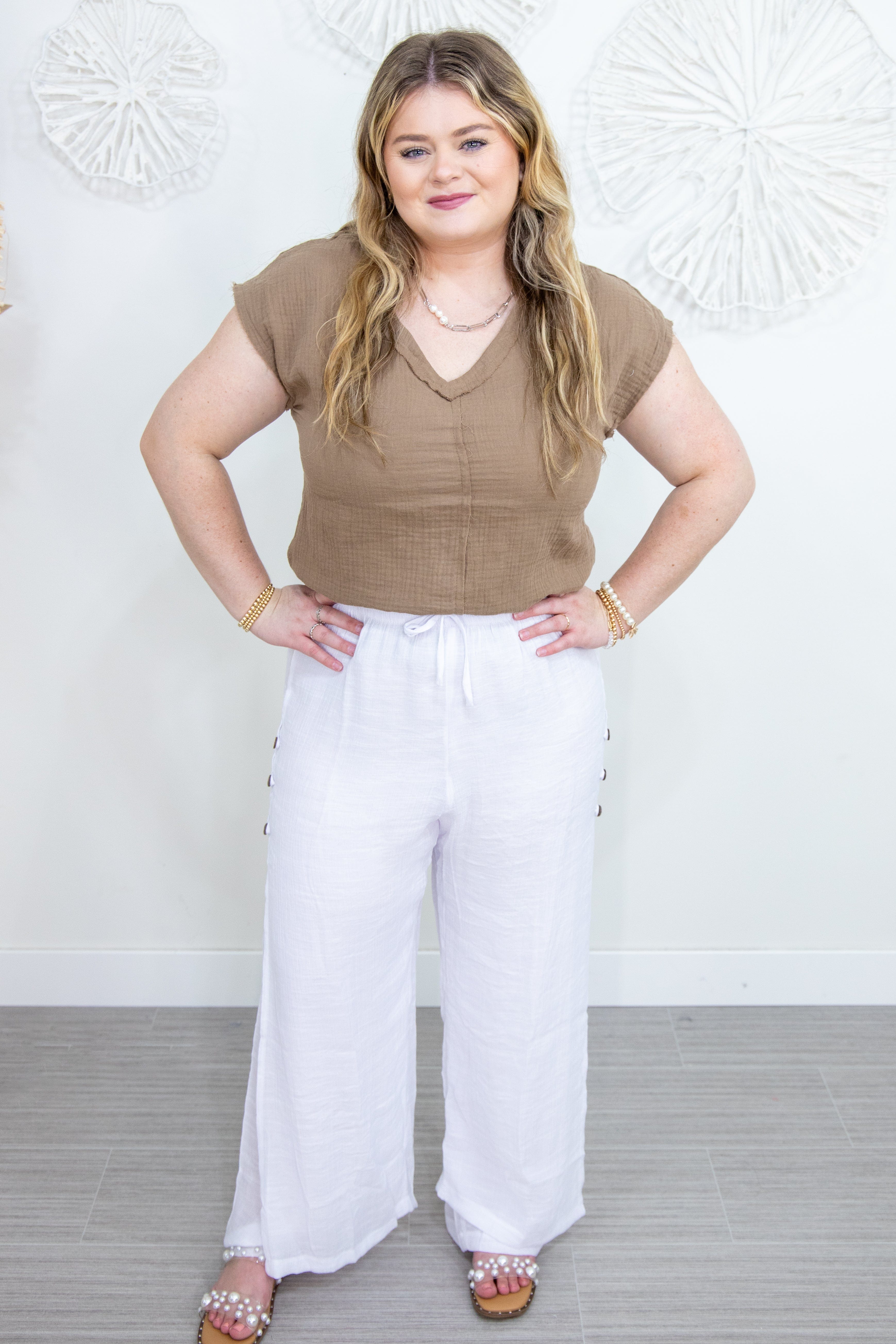 Mocha VNeck Raw Cut Gauze Top styled
