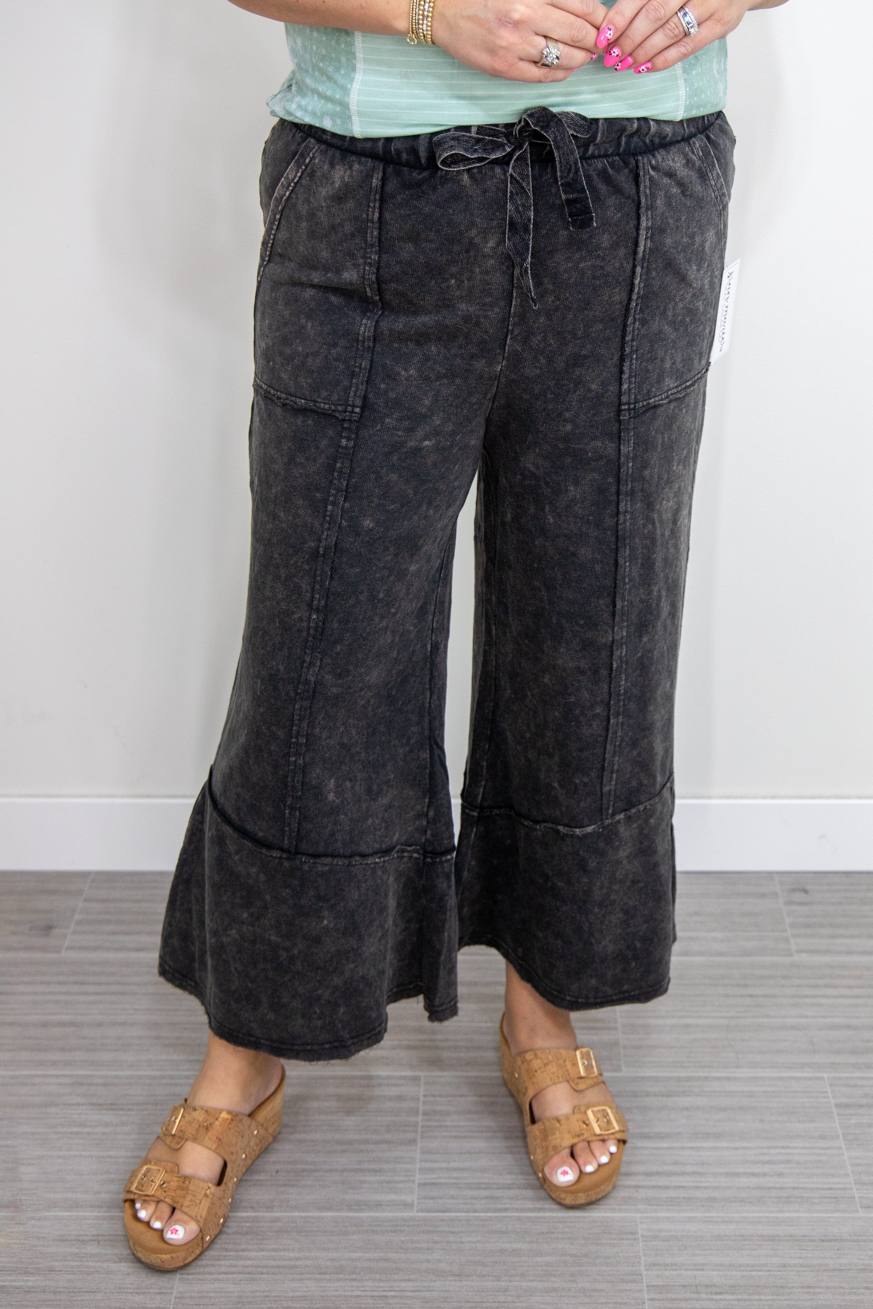 Ash Black Cropped Wide Leg with Stitching Detail