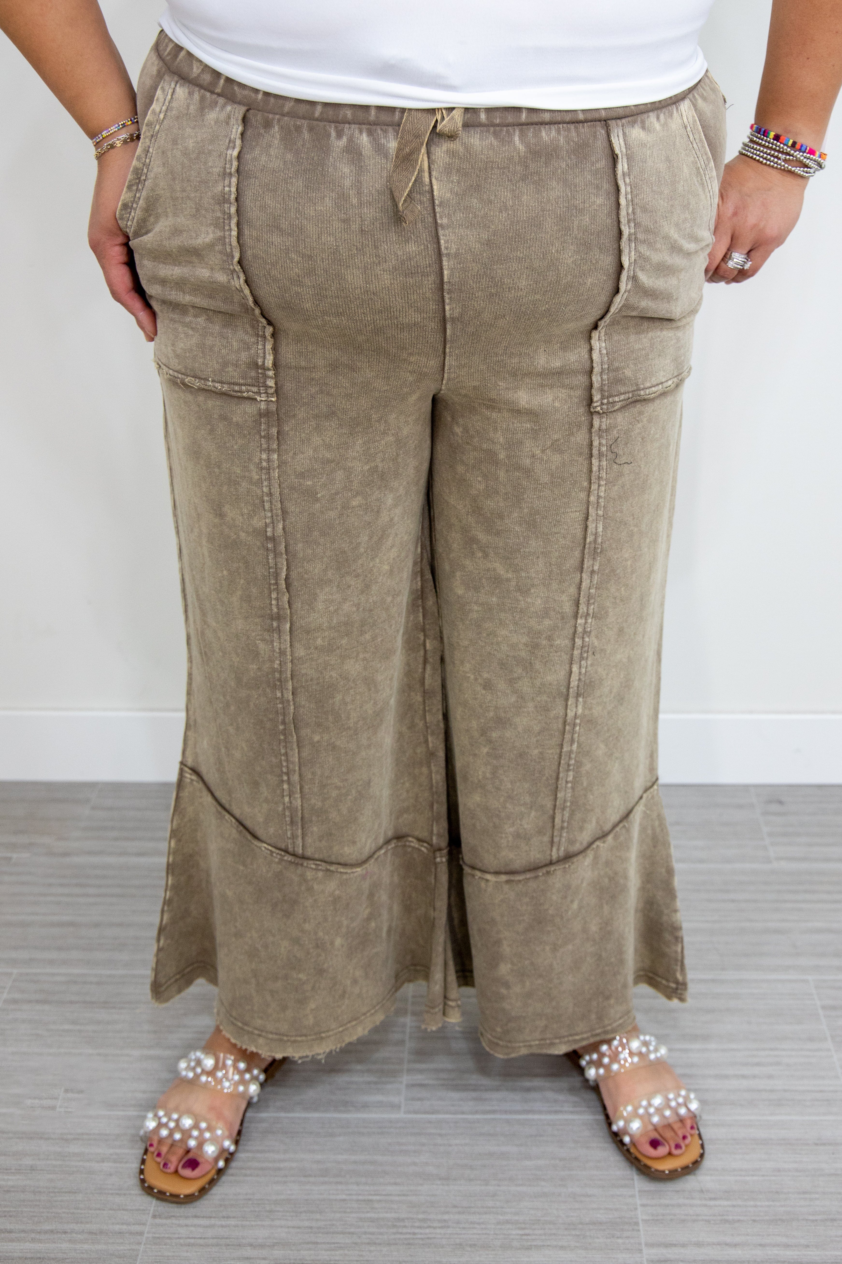 Mocha Cropped Wide Leg with Stitching Detail