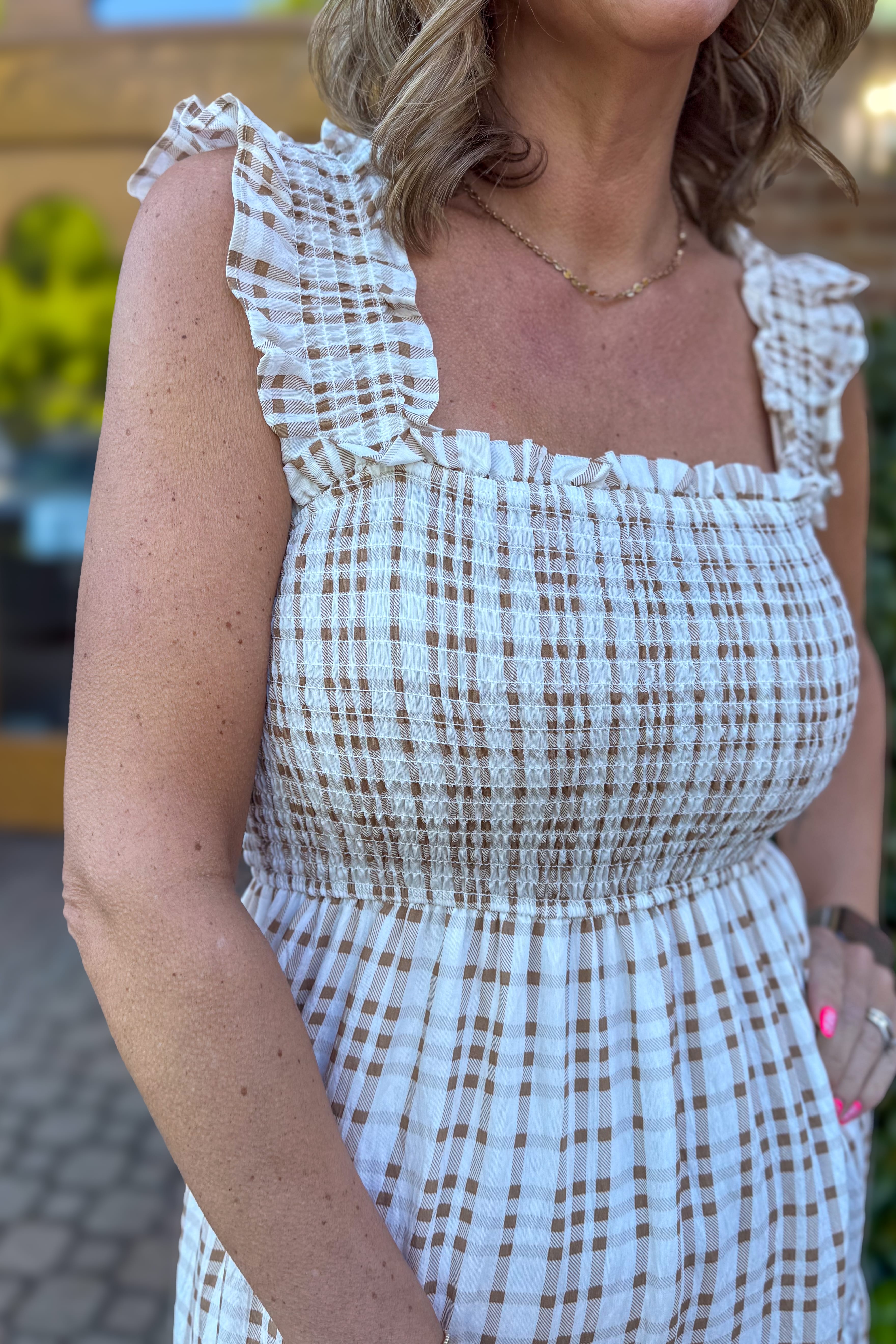 Light Brown Smocked Ruffle Strap Tiered Midi Dress Detailed