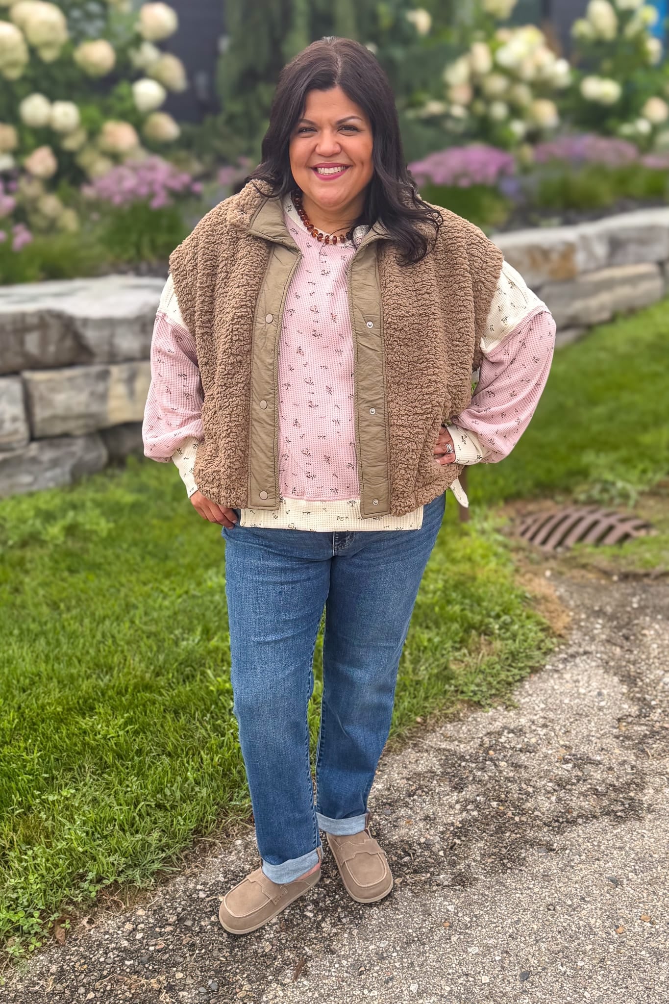 Pink Floral Thermal Knit Pullover Styled