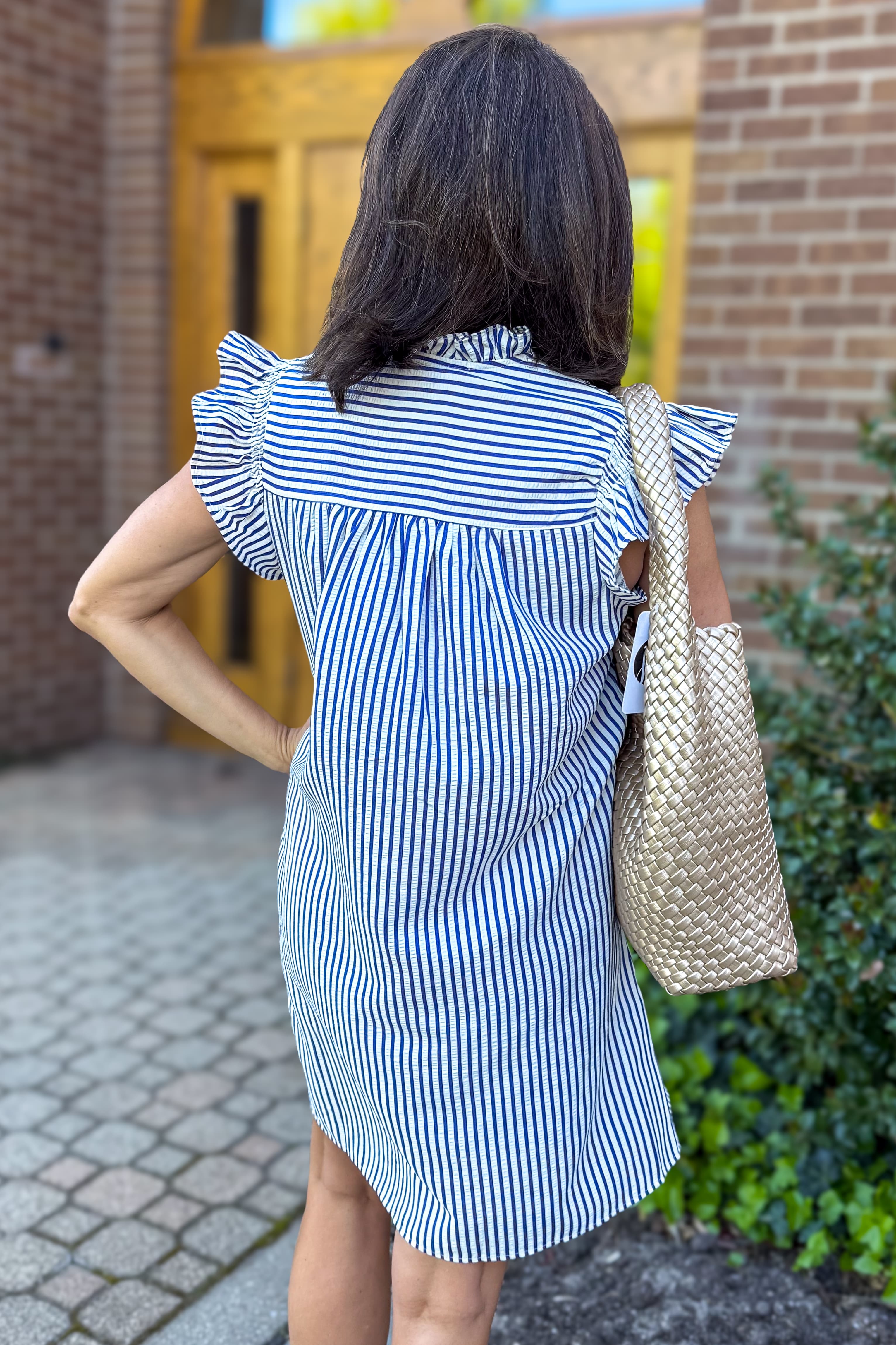 Navy Stripe Seersucker Dress Back