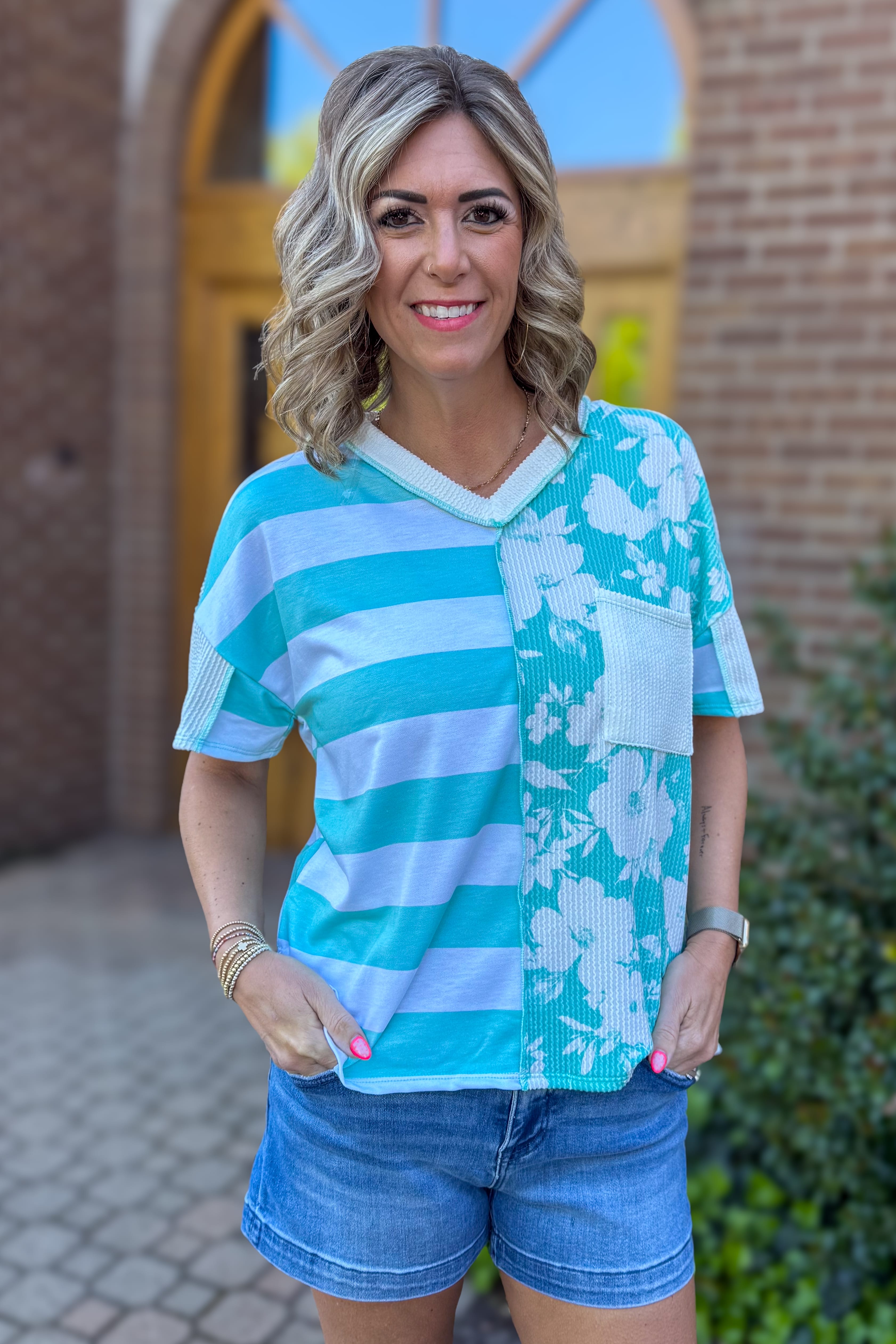 Mint & Ivory Mixed Media Knit Top