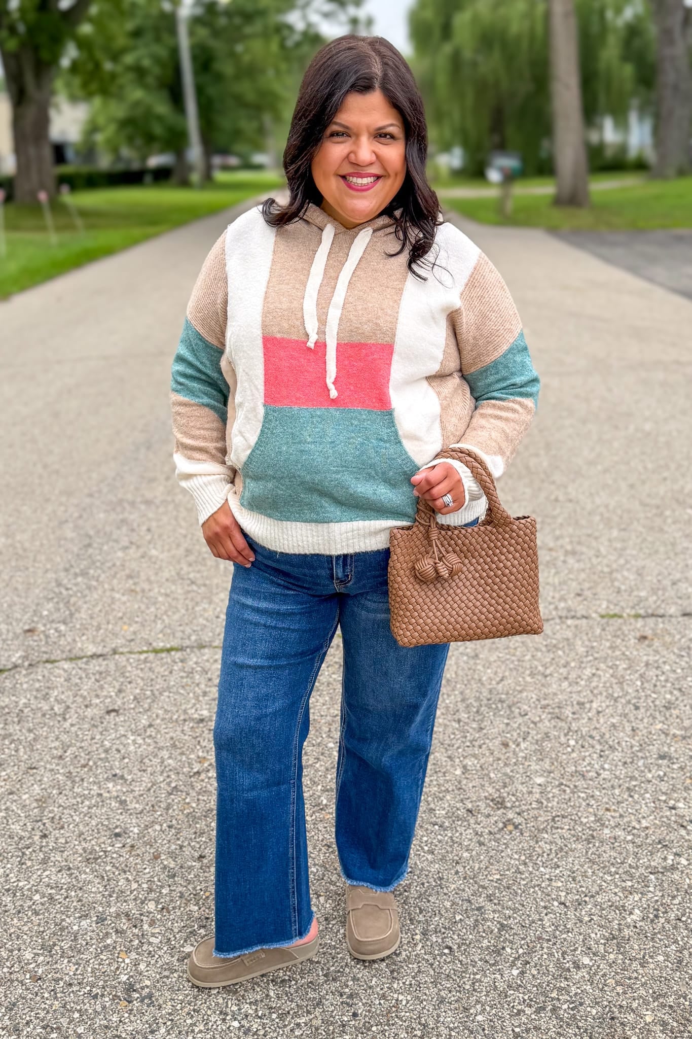 Taupe & Blue Color Block Hoodie Pullover Styled