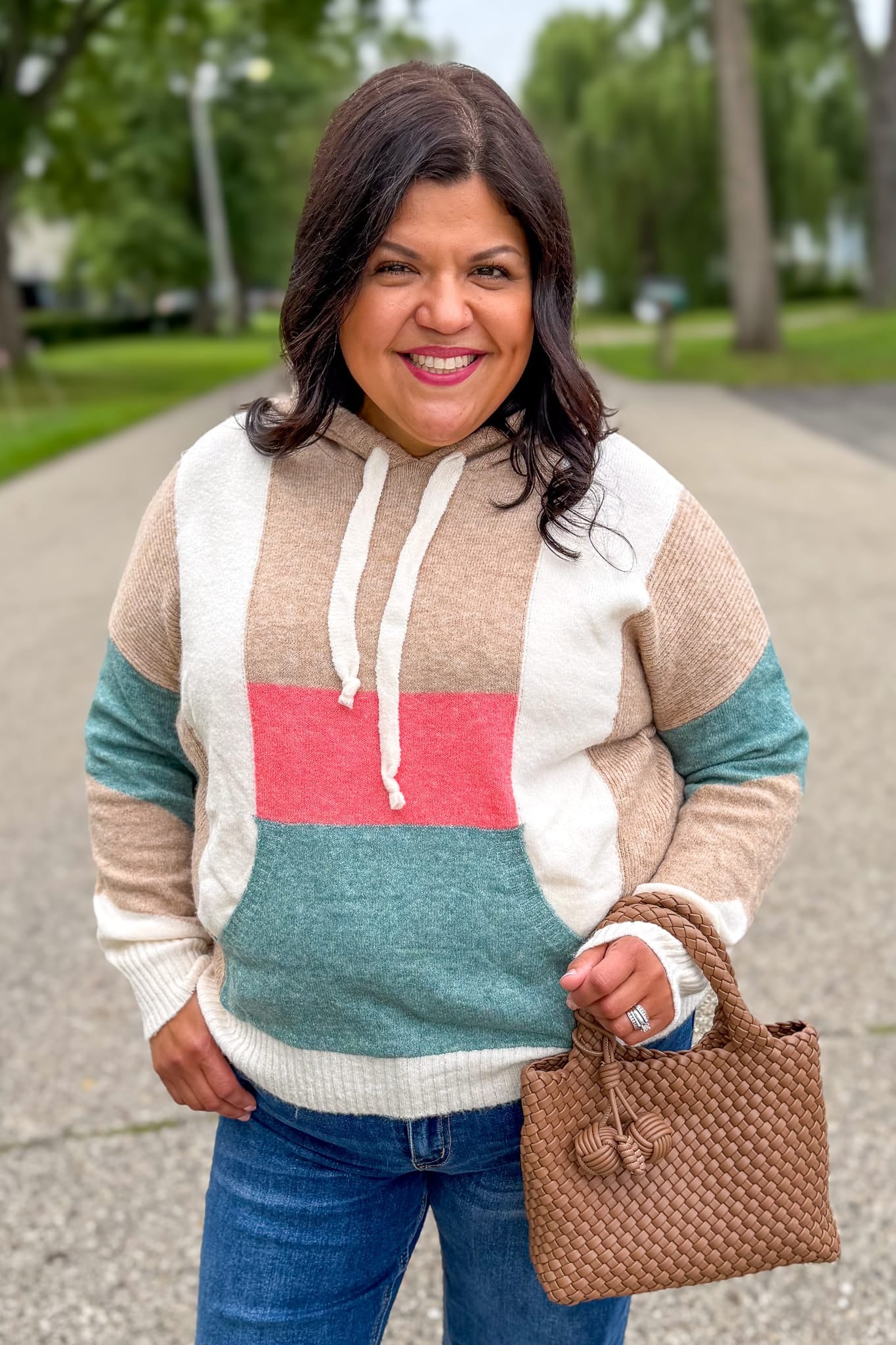 Taupe & Blue Color Block Hoodie Pullover