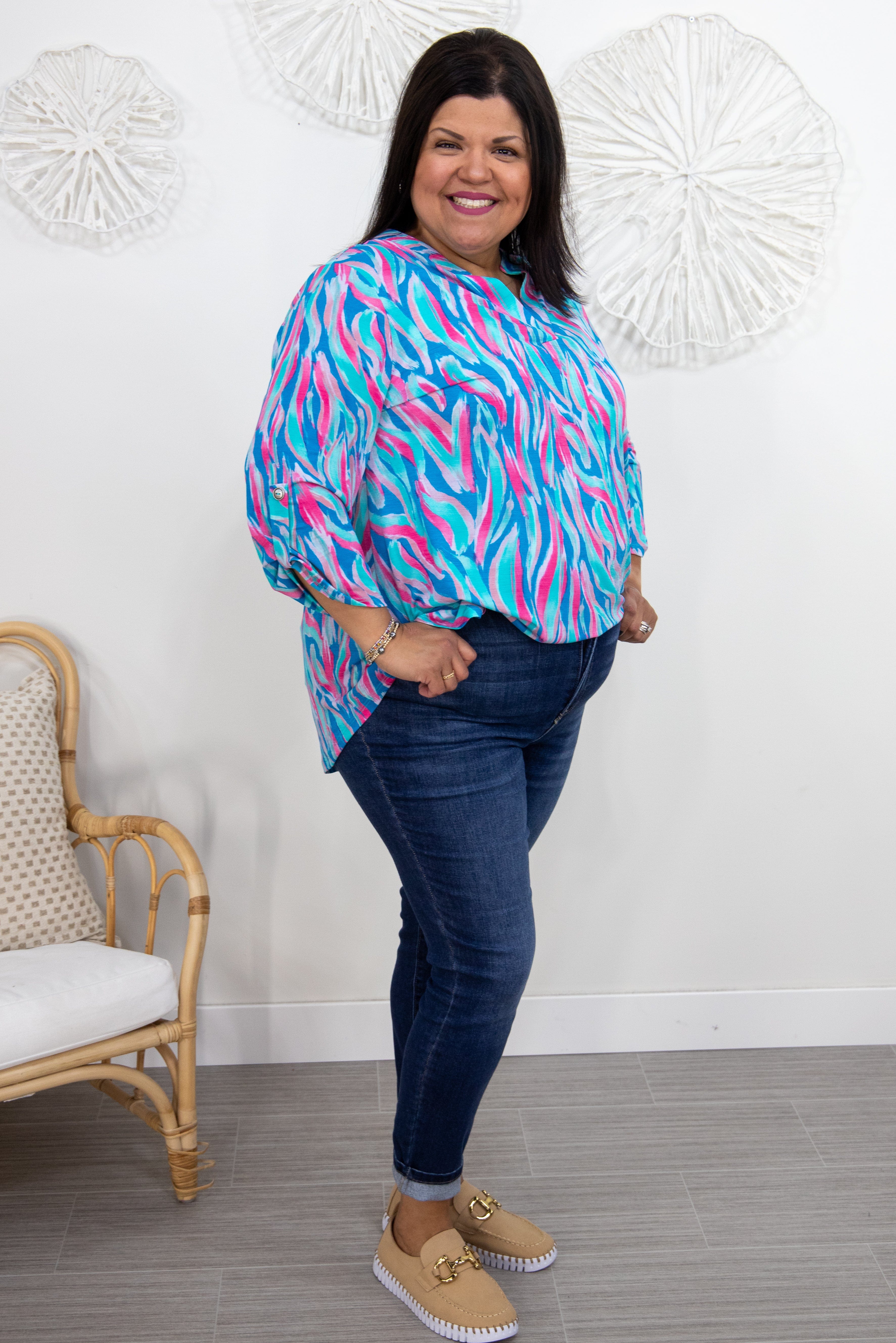 Teal & Salmon Wave Patterned Lizzy Top