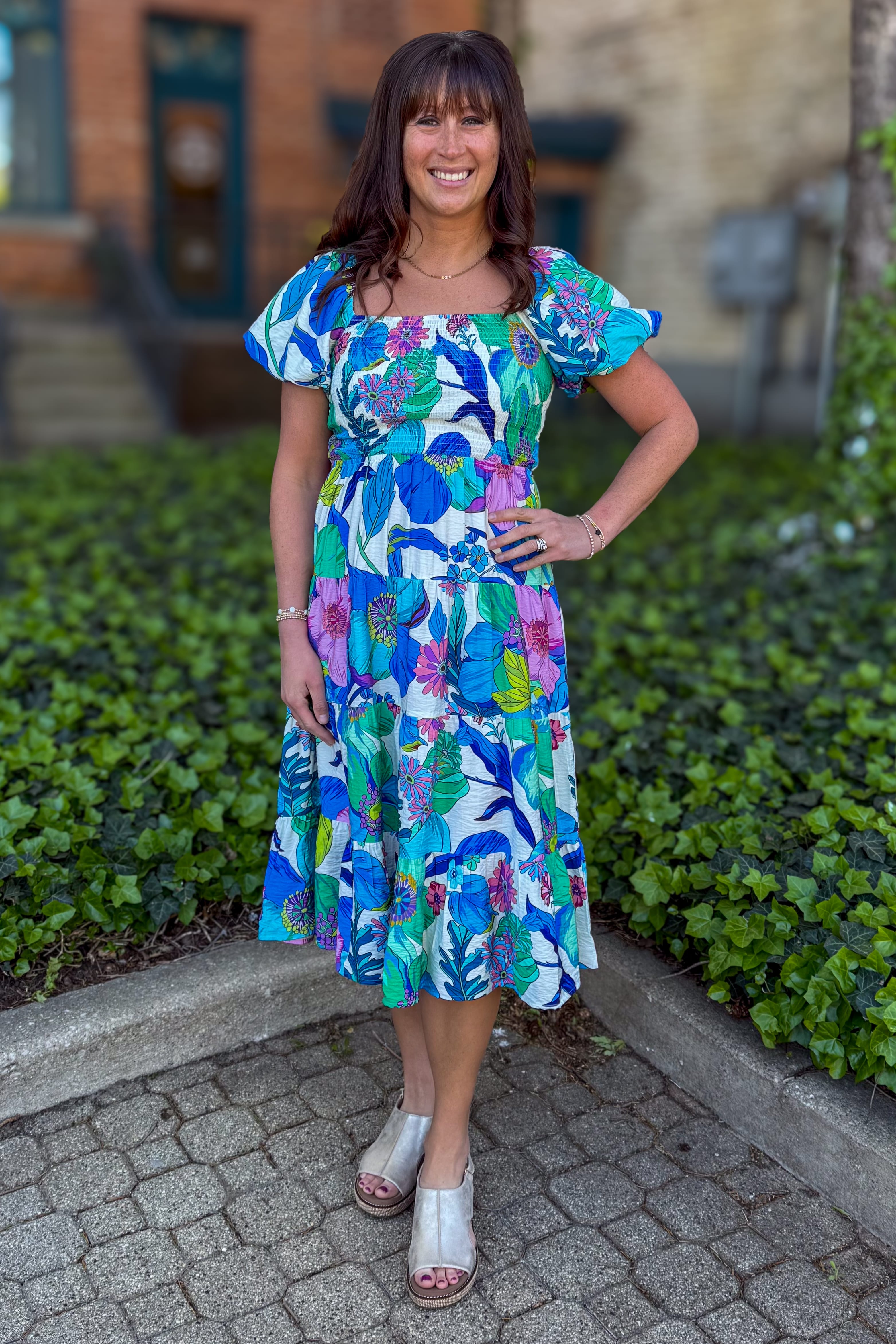 Blue Floral Tiered Midi Dress Styled