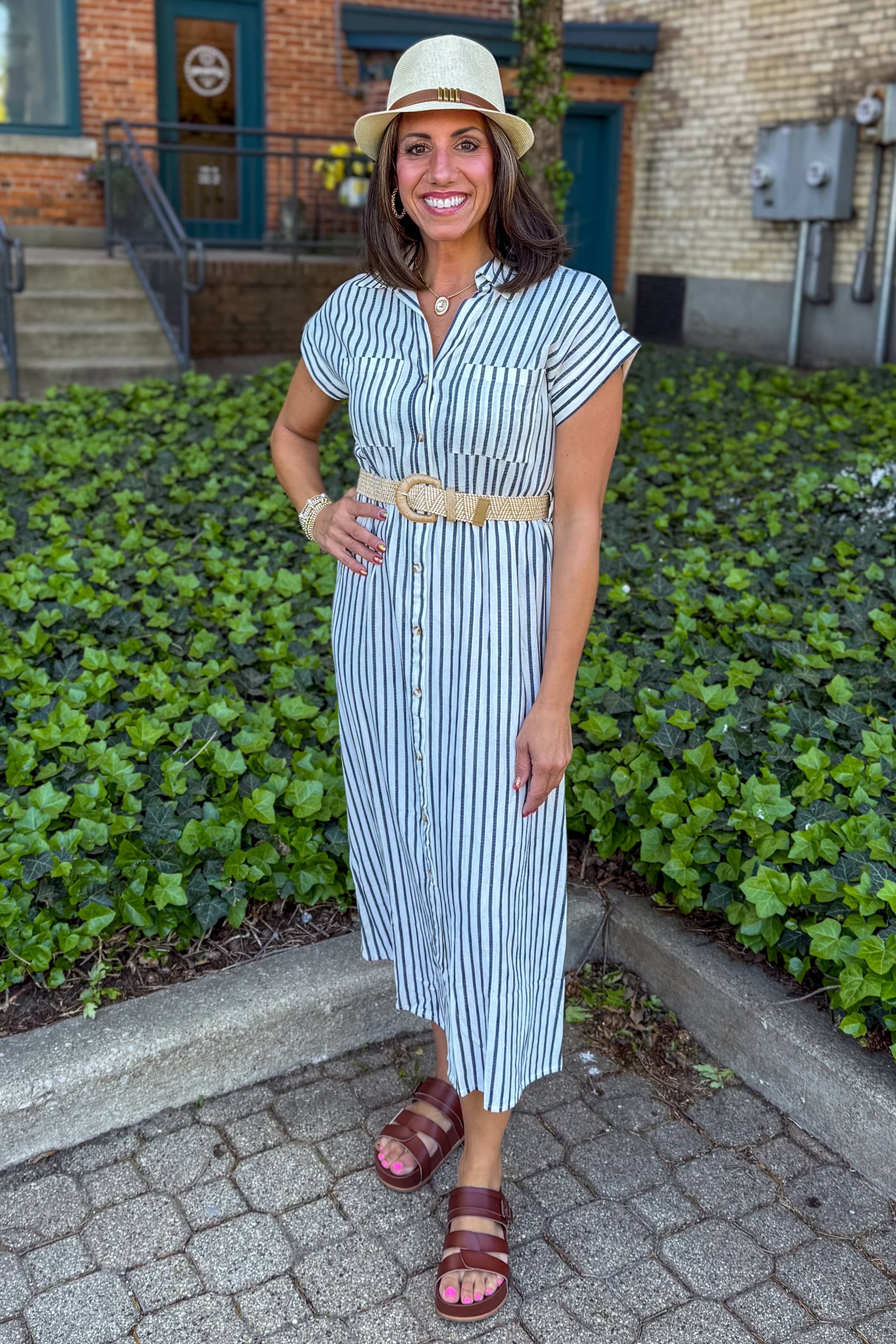 Navy Stripe Collared Belted Shirt Dress Styled