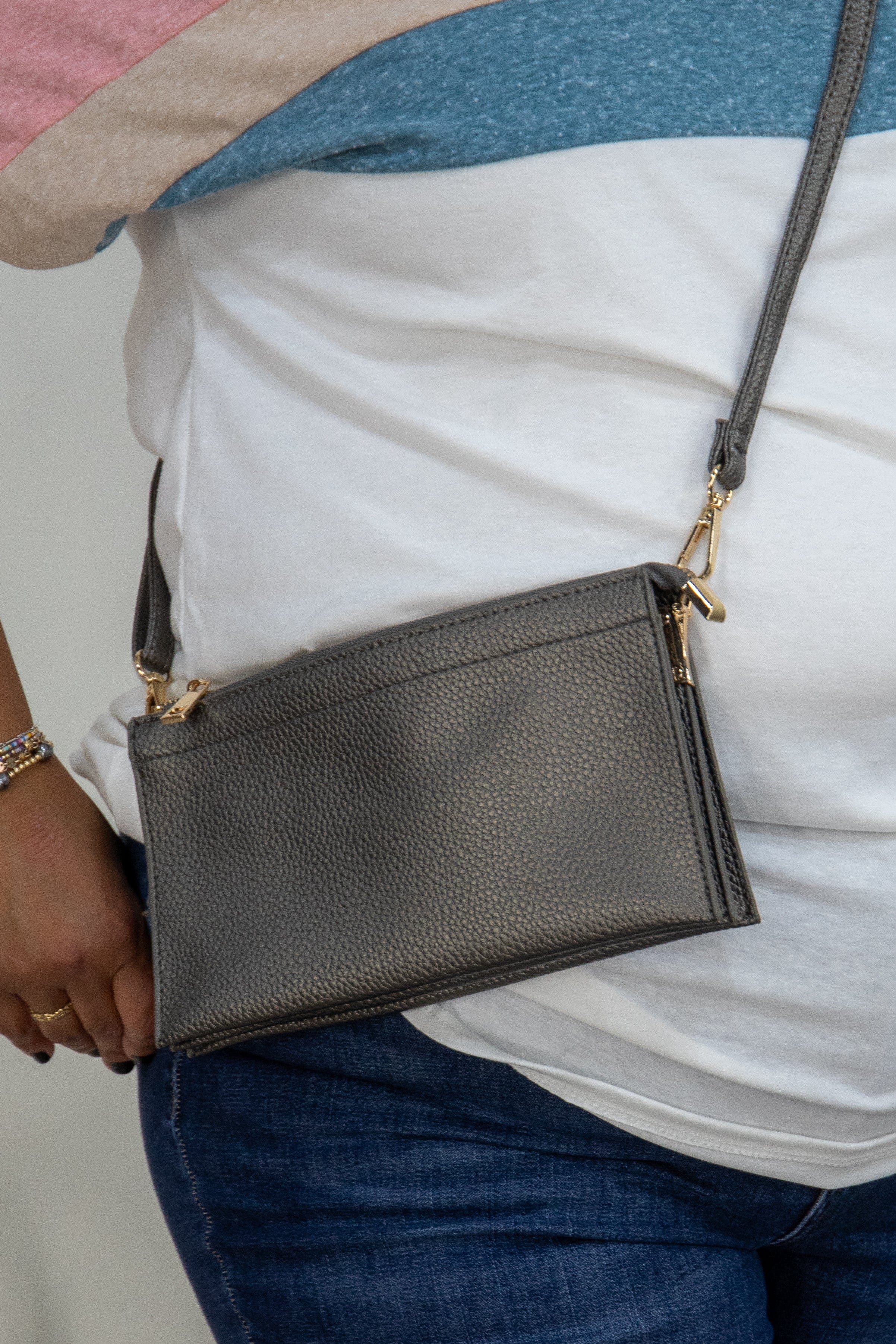 Pewter Luxe Wallet Wristlet with Shoulder Strap