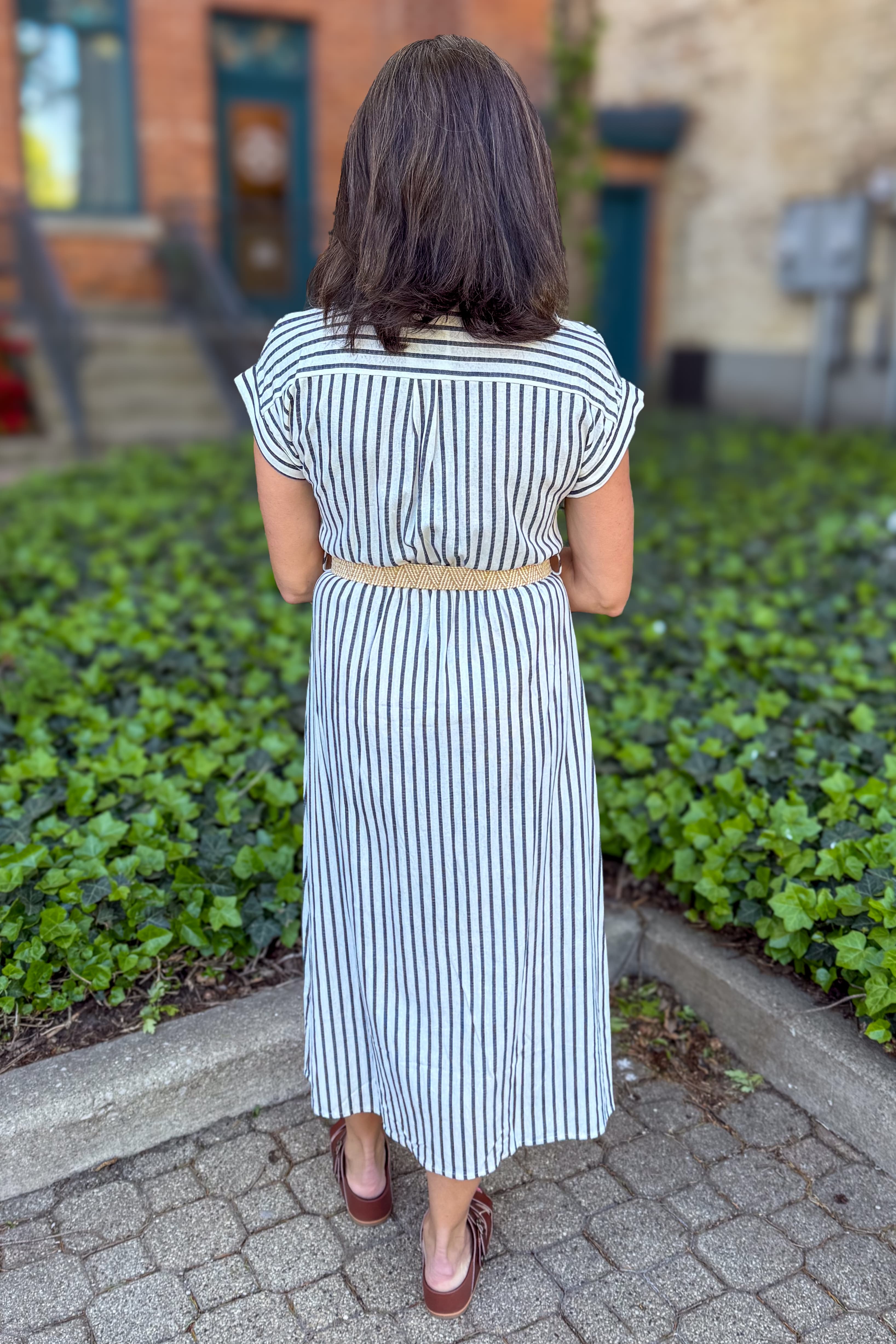 Navy Stripe Collared Belted Shirt Dress Back